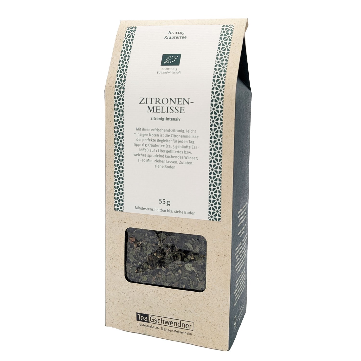 Verpackung TeaGschwendner Zitronenmelisse Kräutertee Bio 55g