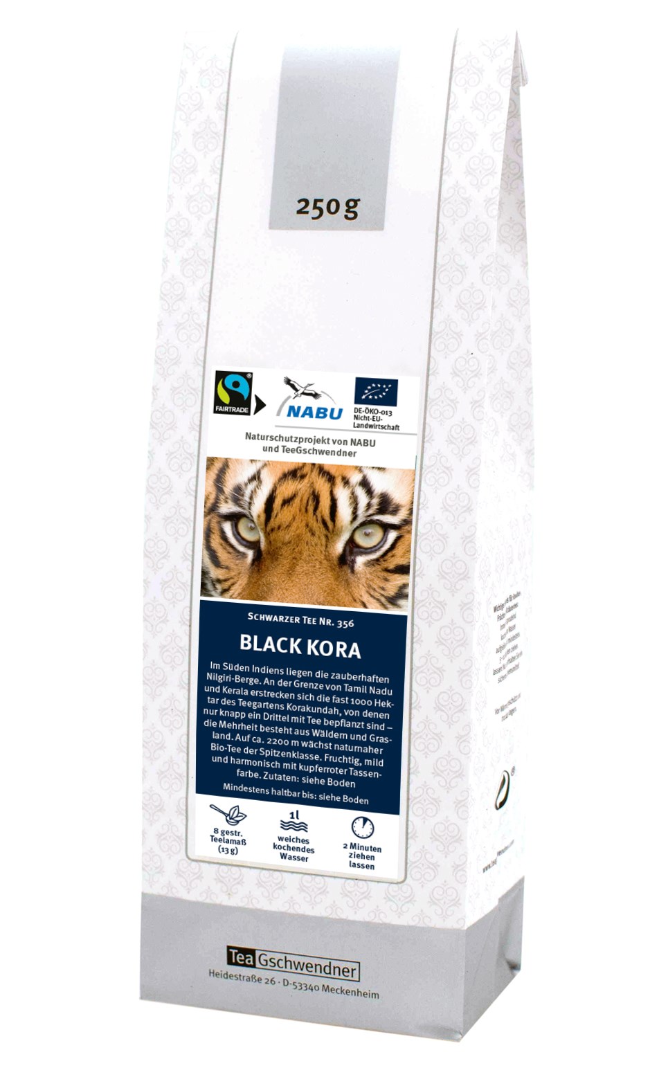 TeaGschwendner Black Kora Schwarzer Tee, 250g Packung, Black Kora, Tiger image, Tea packaging, 250 g, NABU label