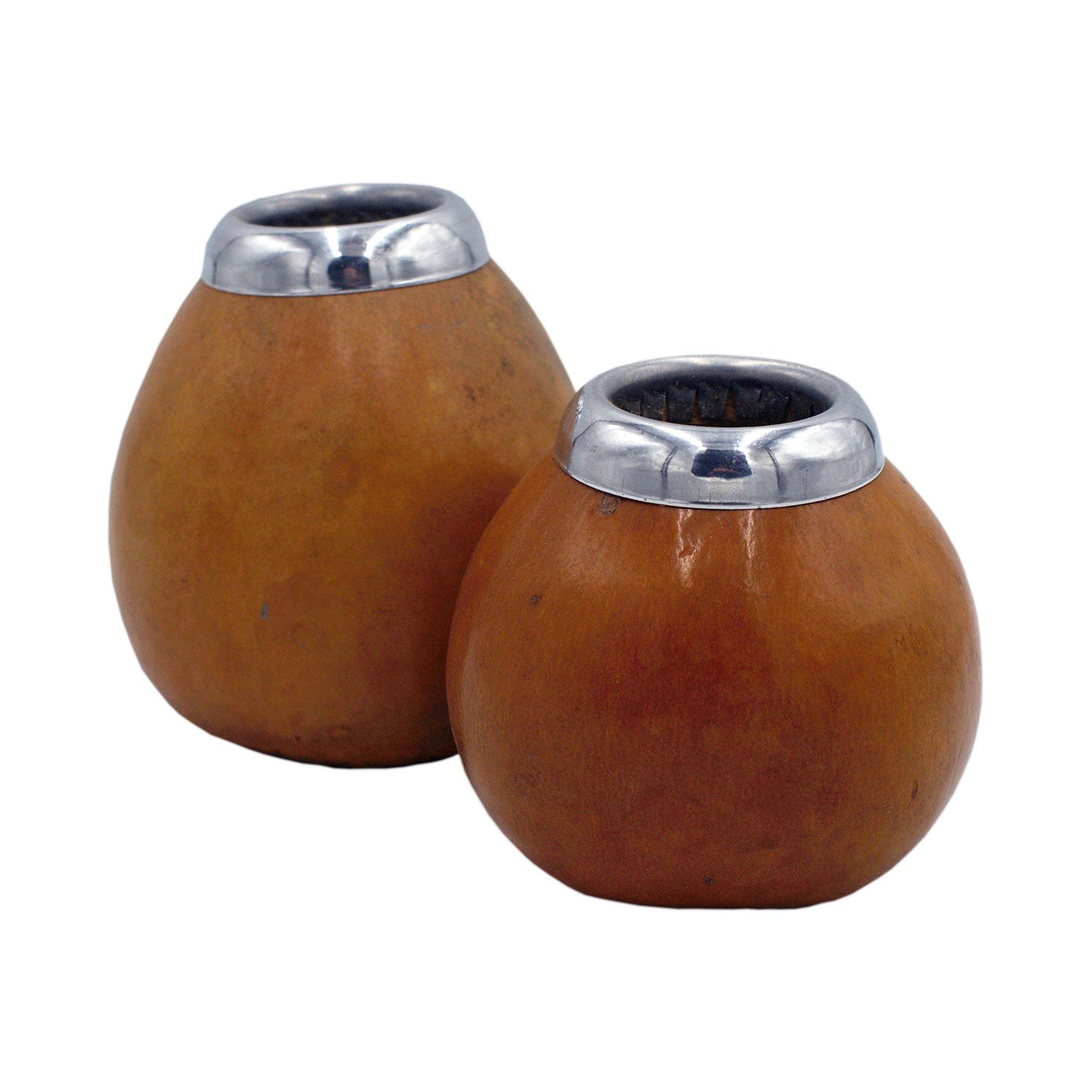 Zwei runde Mate Becher aus Kürbis mit Metallrand, Tischdeko, Schale, Holz, Keramik, Satz