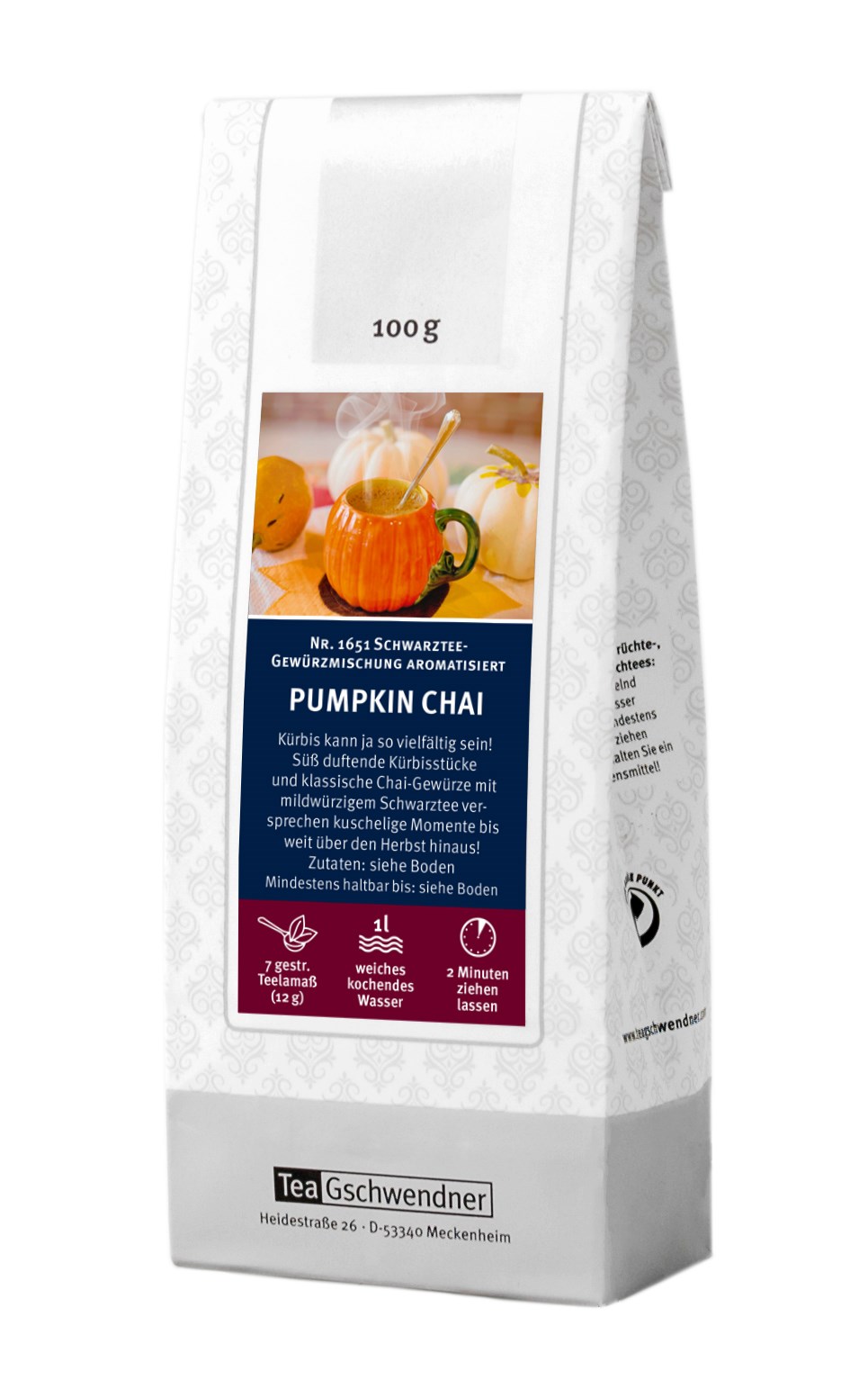 TeaGschwendner Pumpkin Chai aromatisierter Schwarzer Tee 100, Pumpkin chai, Chai-Gewürz, Kürbis, 100 g, Teemischung