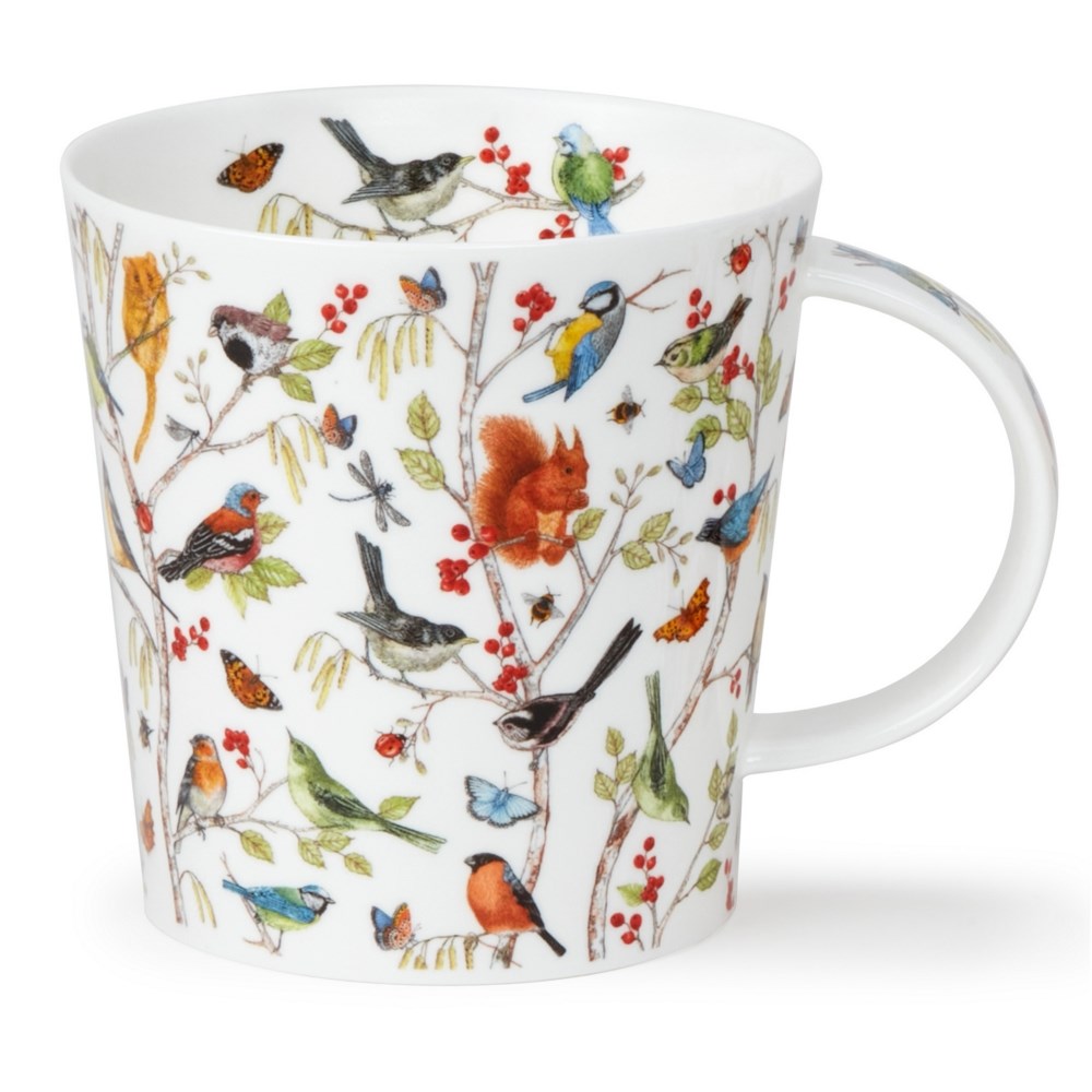 Weiße Tasse mit buntem Waldtier- und Vogelmotiv, Becher, Tassenmotiv, Vogelmotiv, Weiß, Keramik