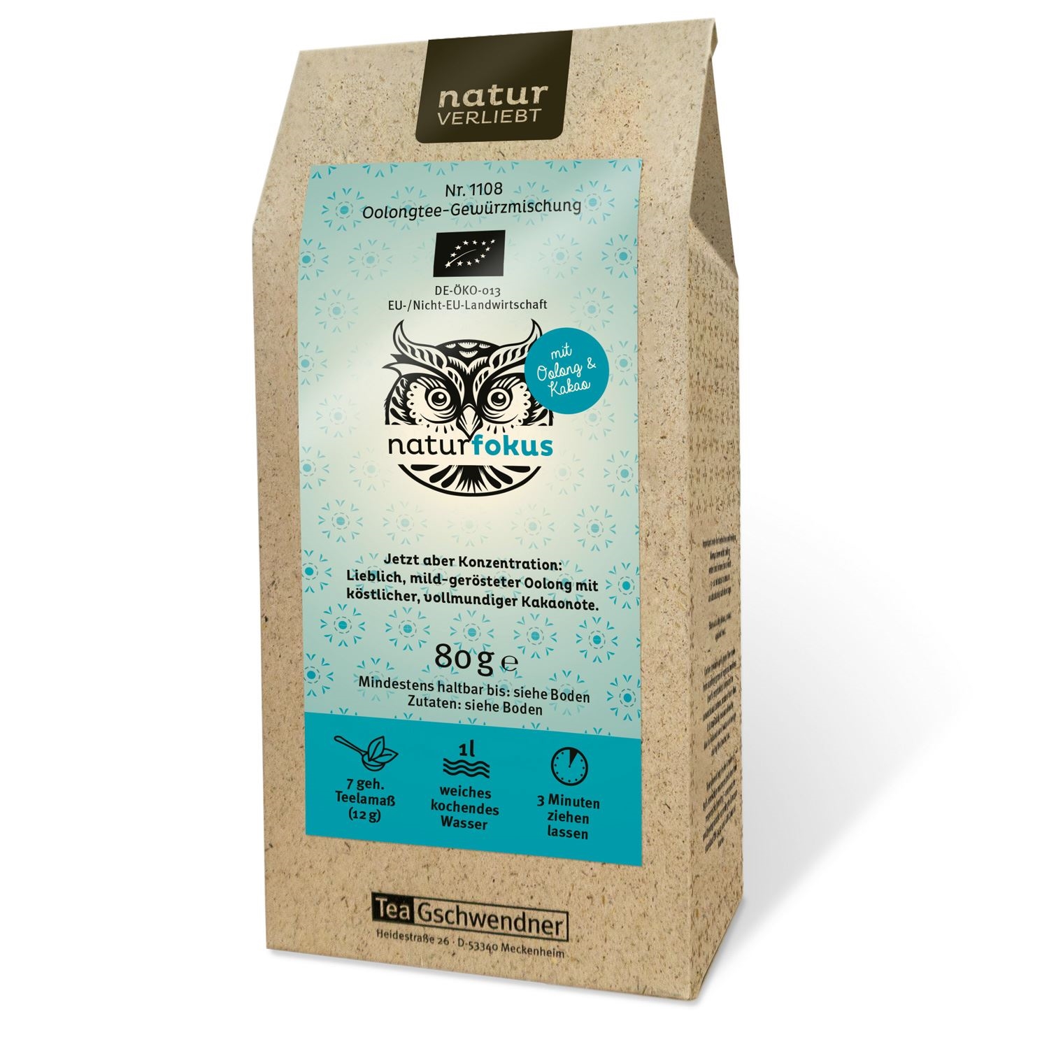 Packung Naturfokus Oolongtee-Gewürzmischung 80g, Oolongtee, Kräutermischung, Bio, 80g, Kakaonote