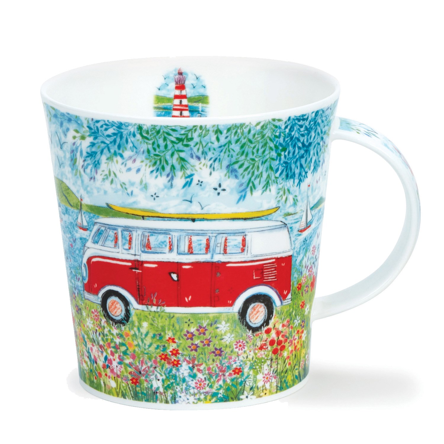 Bunte Porzellantasse mit Bulli und Blumenwiese, Tasse, Becher, Rotbus VW, Surfer Muster, Sommer Motive