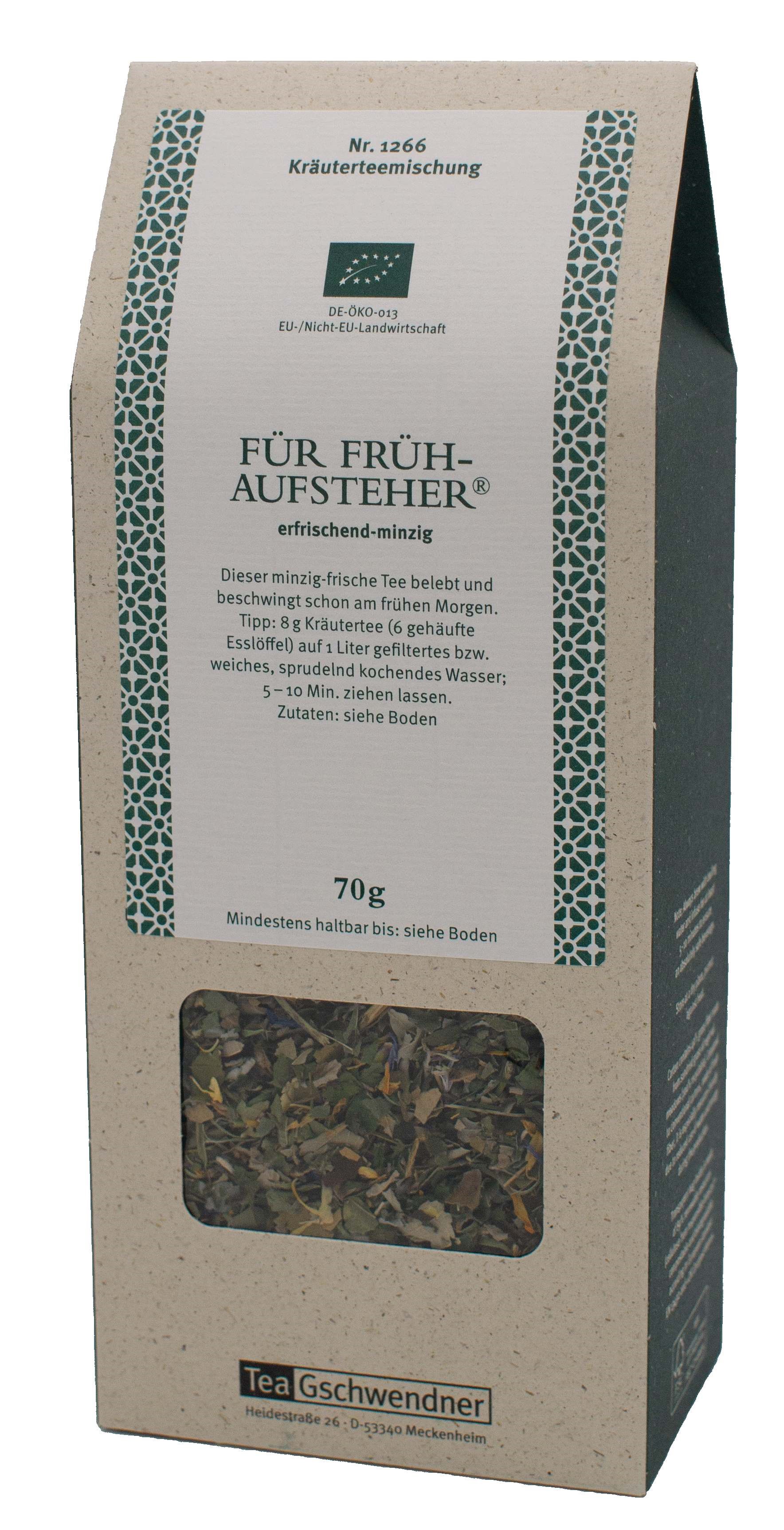 Packung Tea Gschwendner Kräutertee Für Frühaufsteher 70g, Kräutertee, Kräutertee-Mischung, Minztee, 70 g, Lose-Teemischung