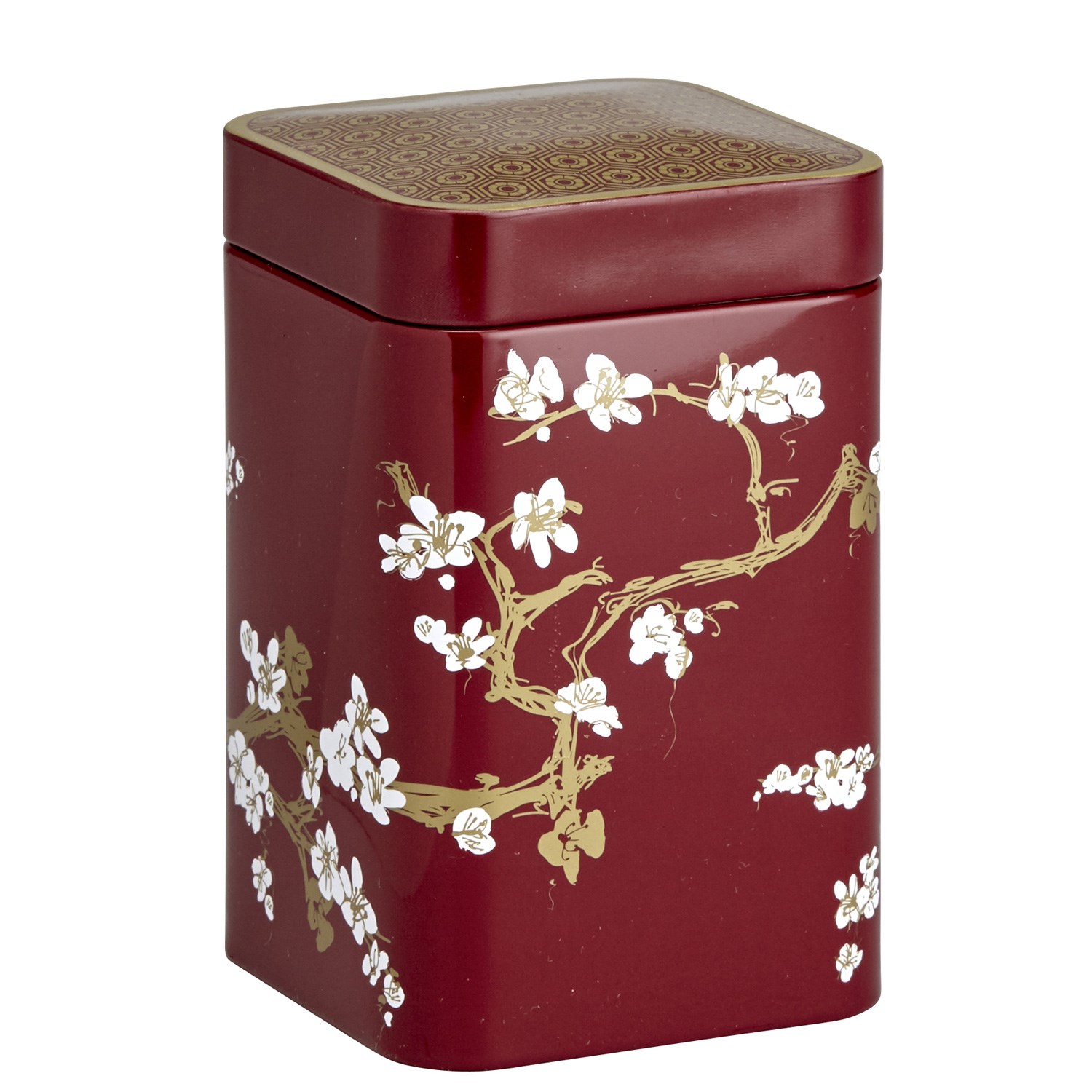 Eckige rote Teedose mit weißem Kirschblütenmotiv, Teedose, Metalltins, Rote Dose, Blumendesign, Deckelbox