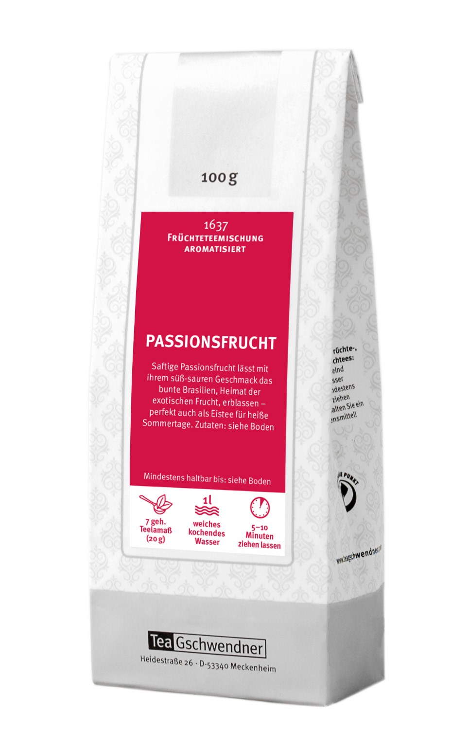 Teepackung TeaGschwendner Früchteteemischung Passionsfrucht, Passionsfrucht, Früchtetee, Aromatisiert, Teepaket, 1l