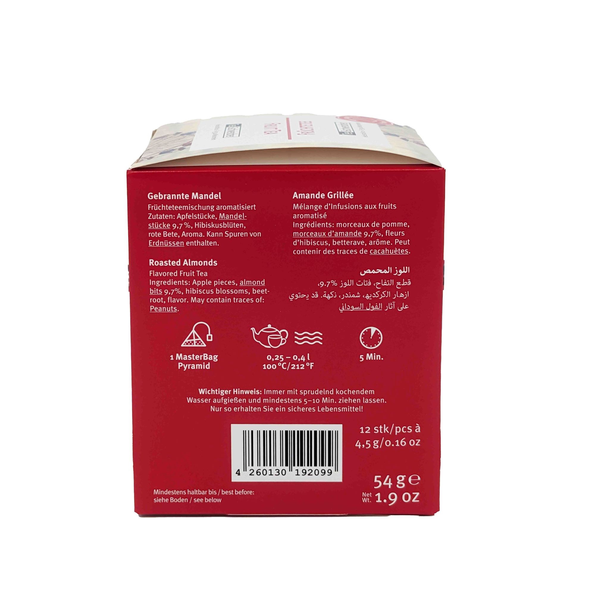 Rückseite der Teekanne Gebrannte Mandel Früchtetee-Packung, geröstete mandeln, Früchtetee, gegrillte mandeln, Aromamischung, Früchtetee