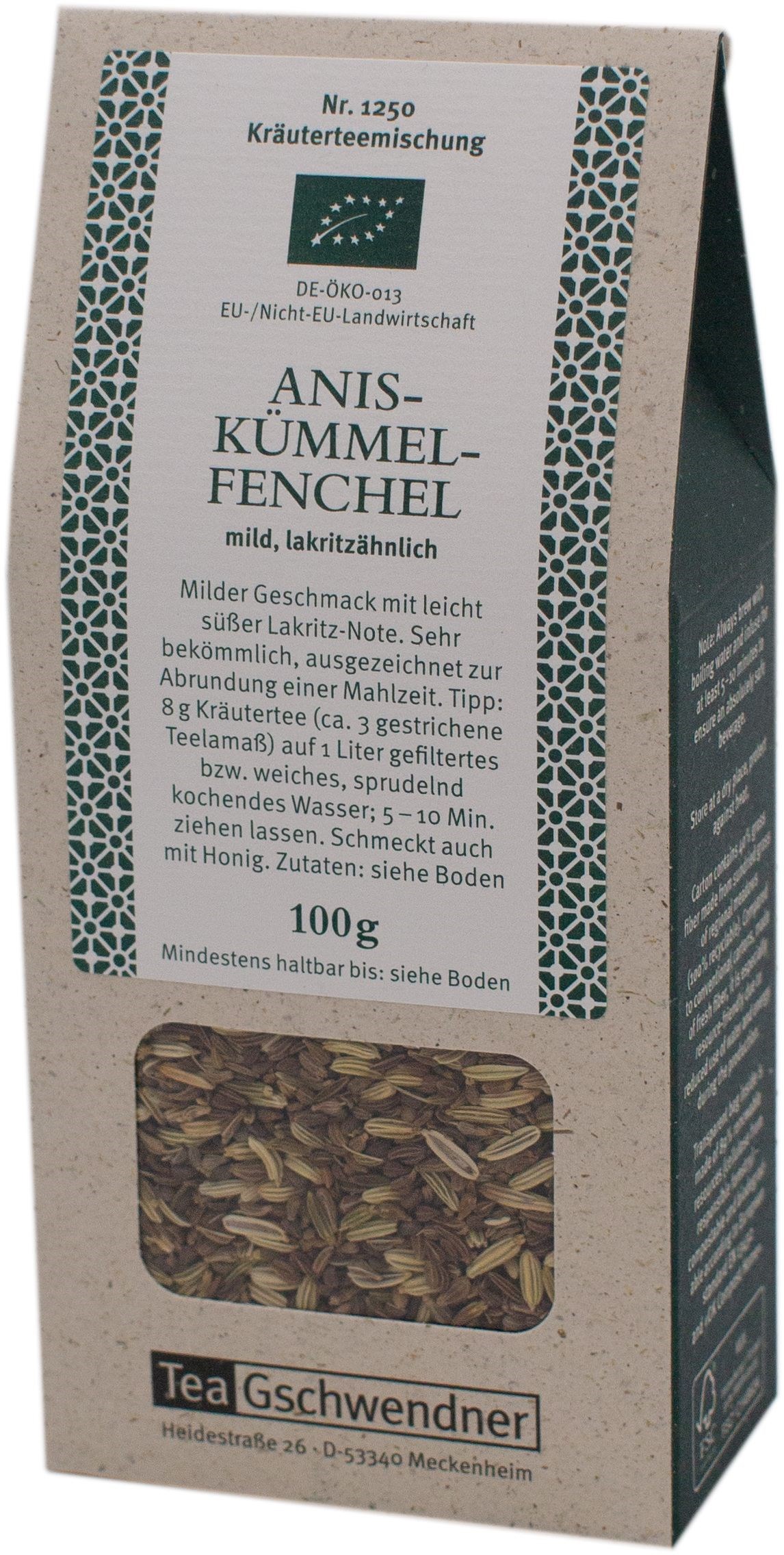 Teegschwendner Anis-Kümmel-Fenchel Bio-Kräutertee 100g, Kräuterteemischung, Anis-Kümmel-FencheI, 100 g, Teeverpackung, BIO-Logo