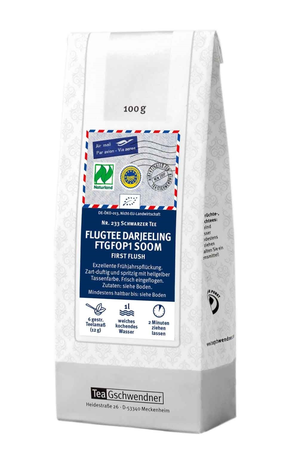 Teebeutel TeaGschwendner Flugtee Darjeeling FTGFOP1 Soom 100, Schwarztee, Flugtee, 100 g, First Flush, Teepack