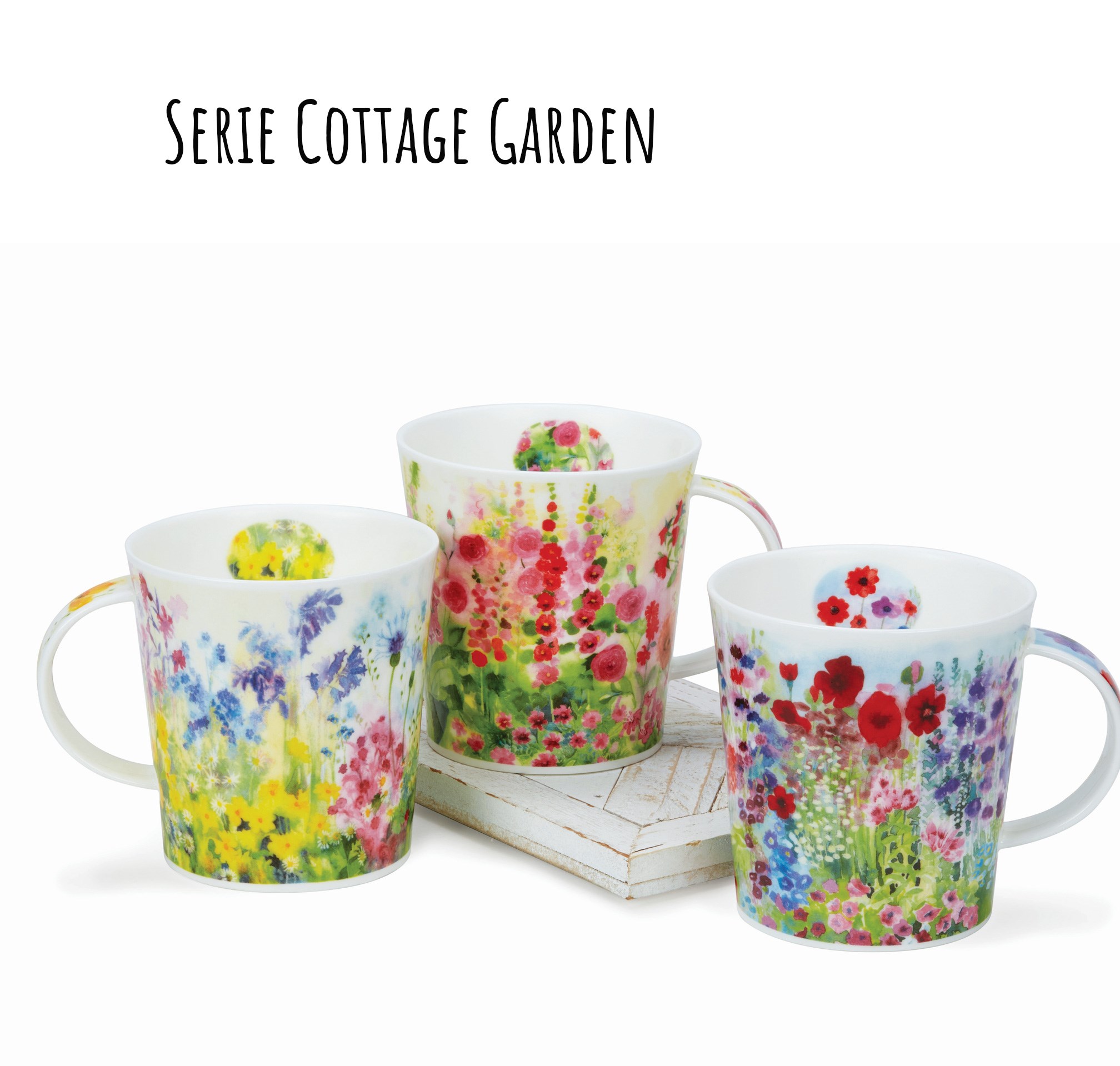 Drei bunte Porzellanbecher Serie Cottage Garden mit Blumenmo, Tassen, Blumenprint, Porzellan, Becher, Mehrfarbig
