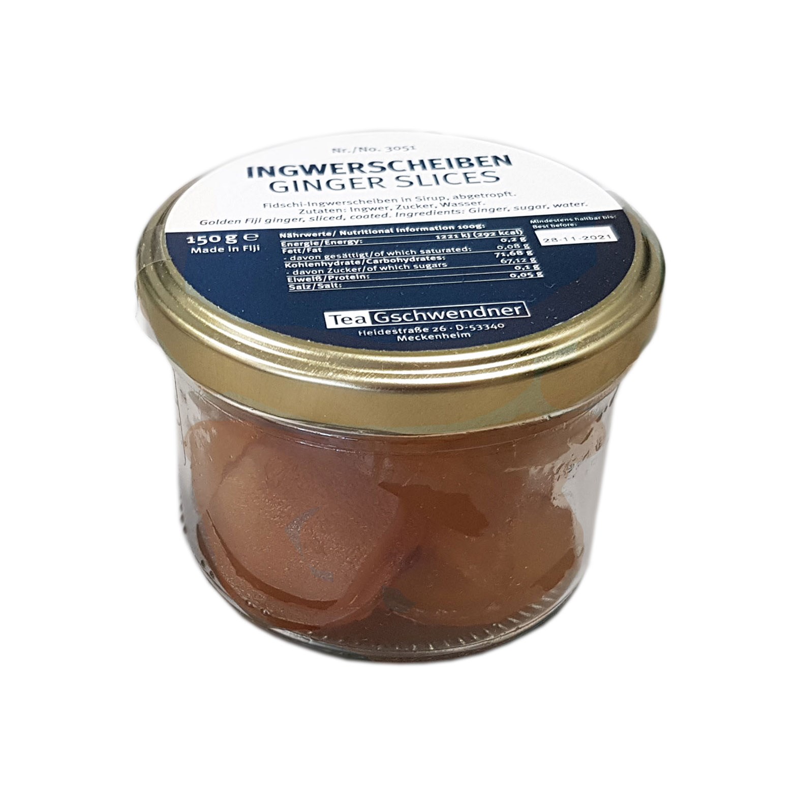 Glas mit eingelegten Ingwerscheiben, 150 g, Glasbehälter, Gelierte Speisen?