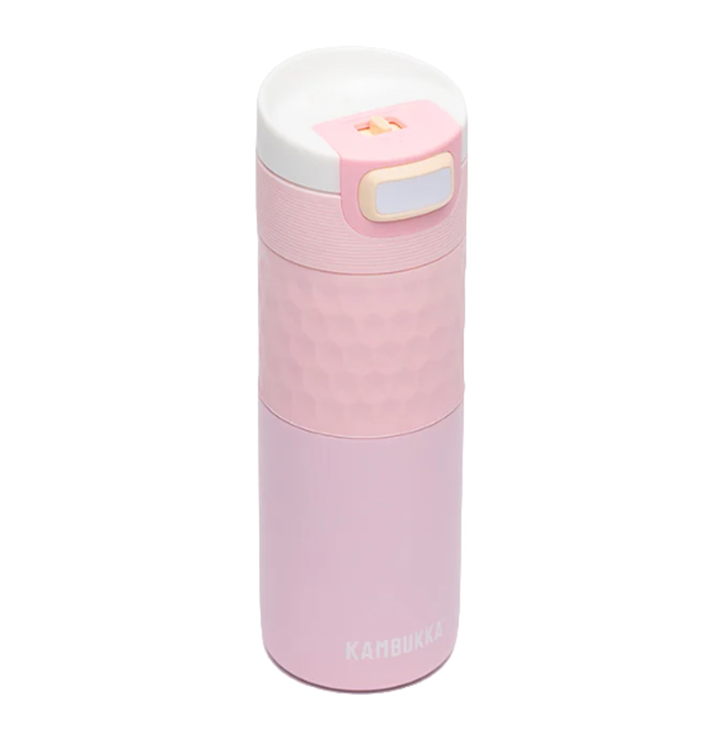 Pink Kambukka insulated drinks bottle with textured grip section and leakproof flip lid