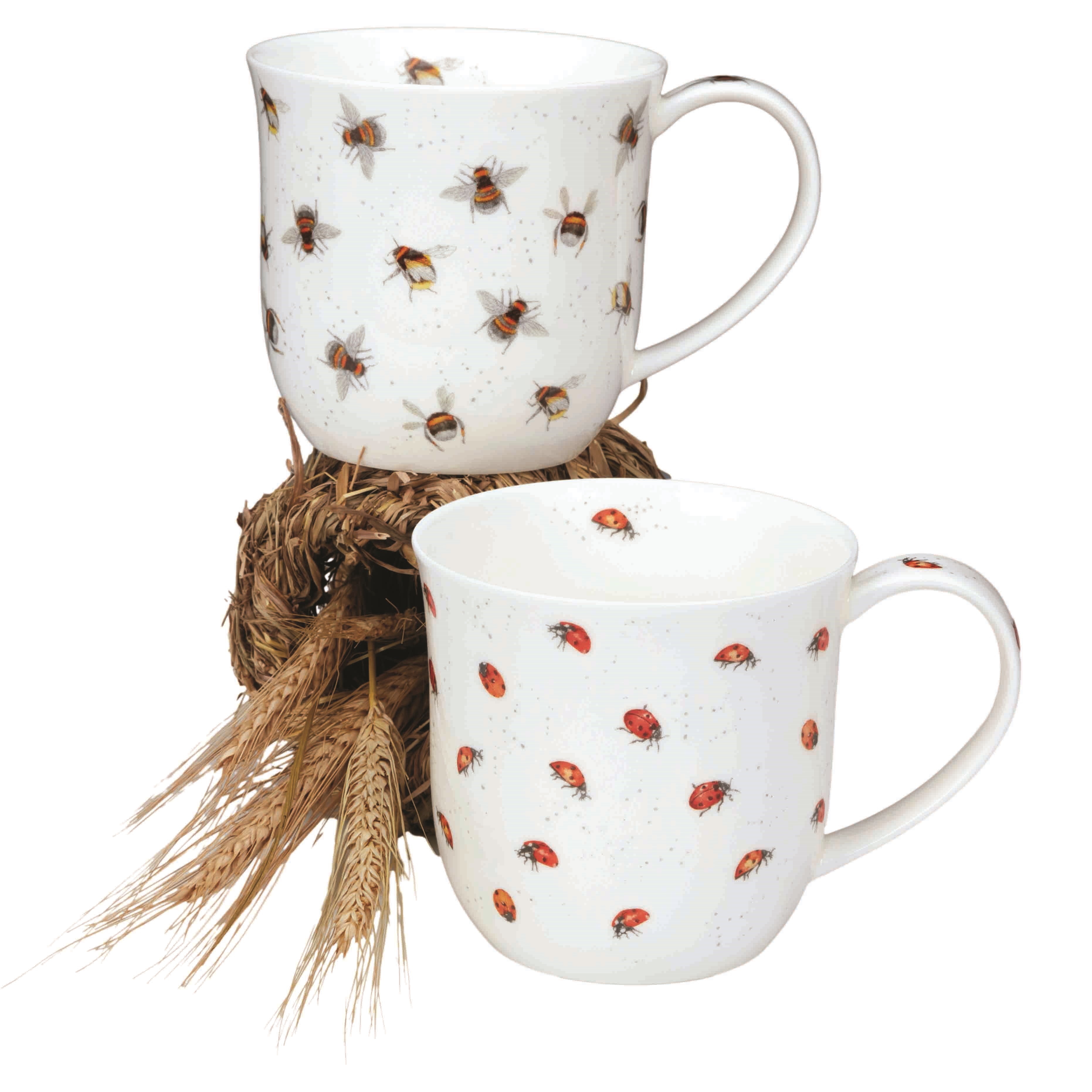 Zwei weiße Porzellanbecher mit Bienen- und Marienkäfermuster, Tassen, Kaffeetassen, Becher, Wildblumen Muster, Becher-Set