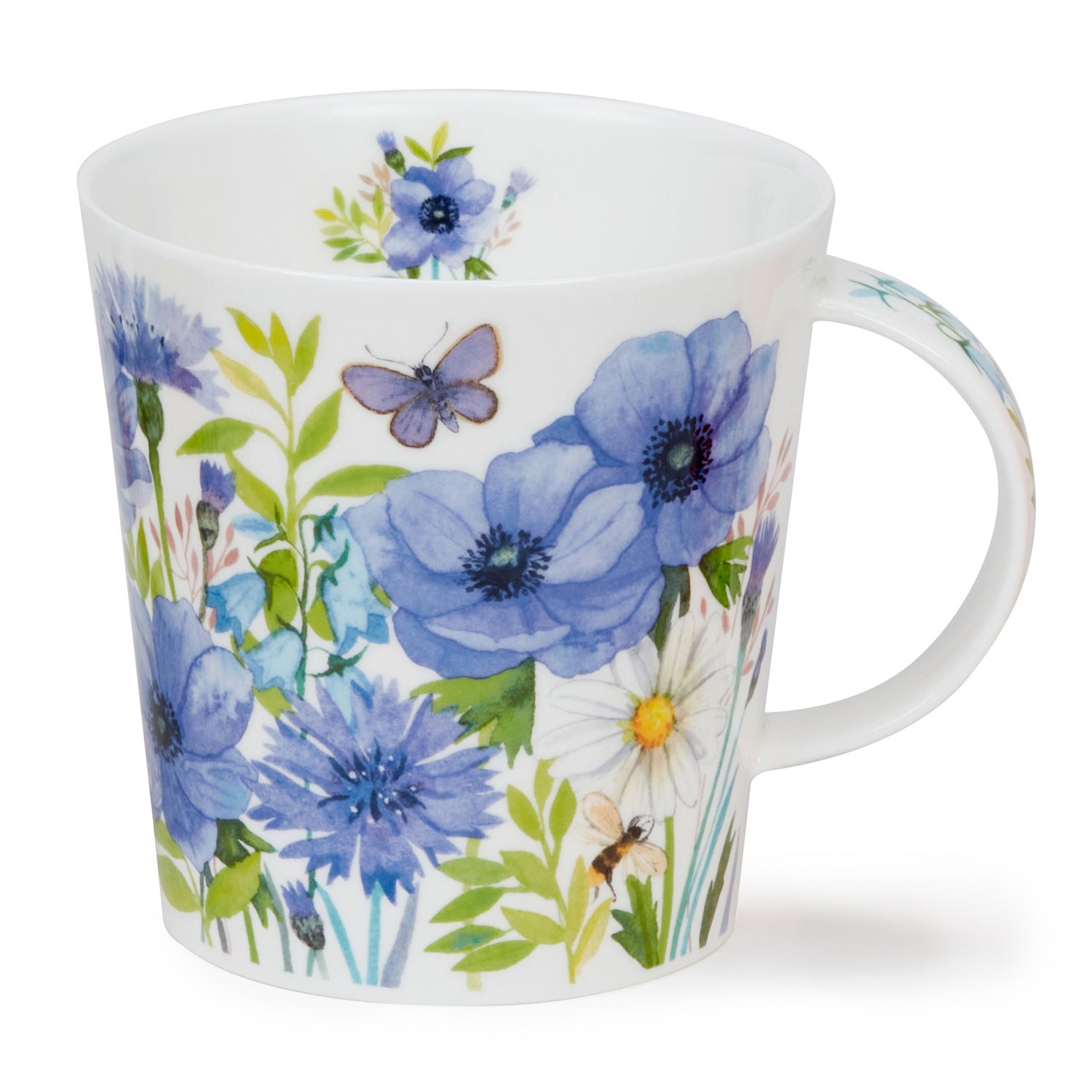 White porcelain mug with blue flowers, green leaves, butterfly and bee
