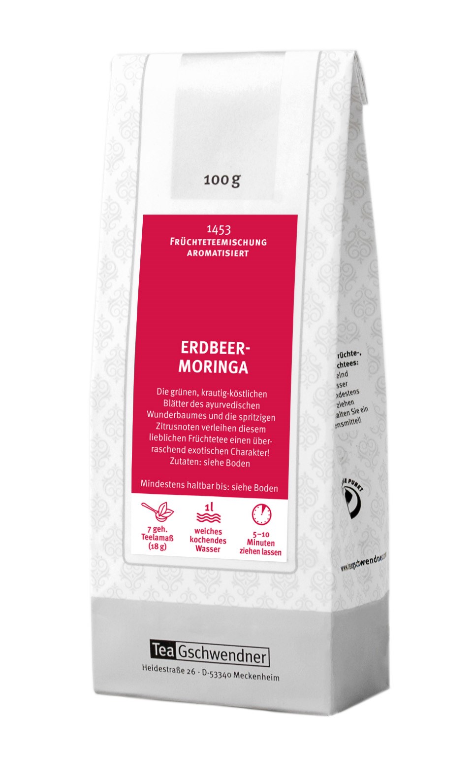 Teegschwendner Erdbeer-Moringa Früchteteemischung 100 g, Erdbeer-Moringa, Früchtetee, Aromatisiert, Rotes Teeblatt, Fruchttee-Mischung