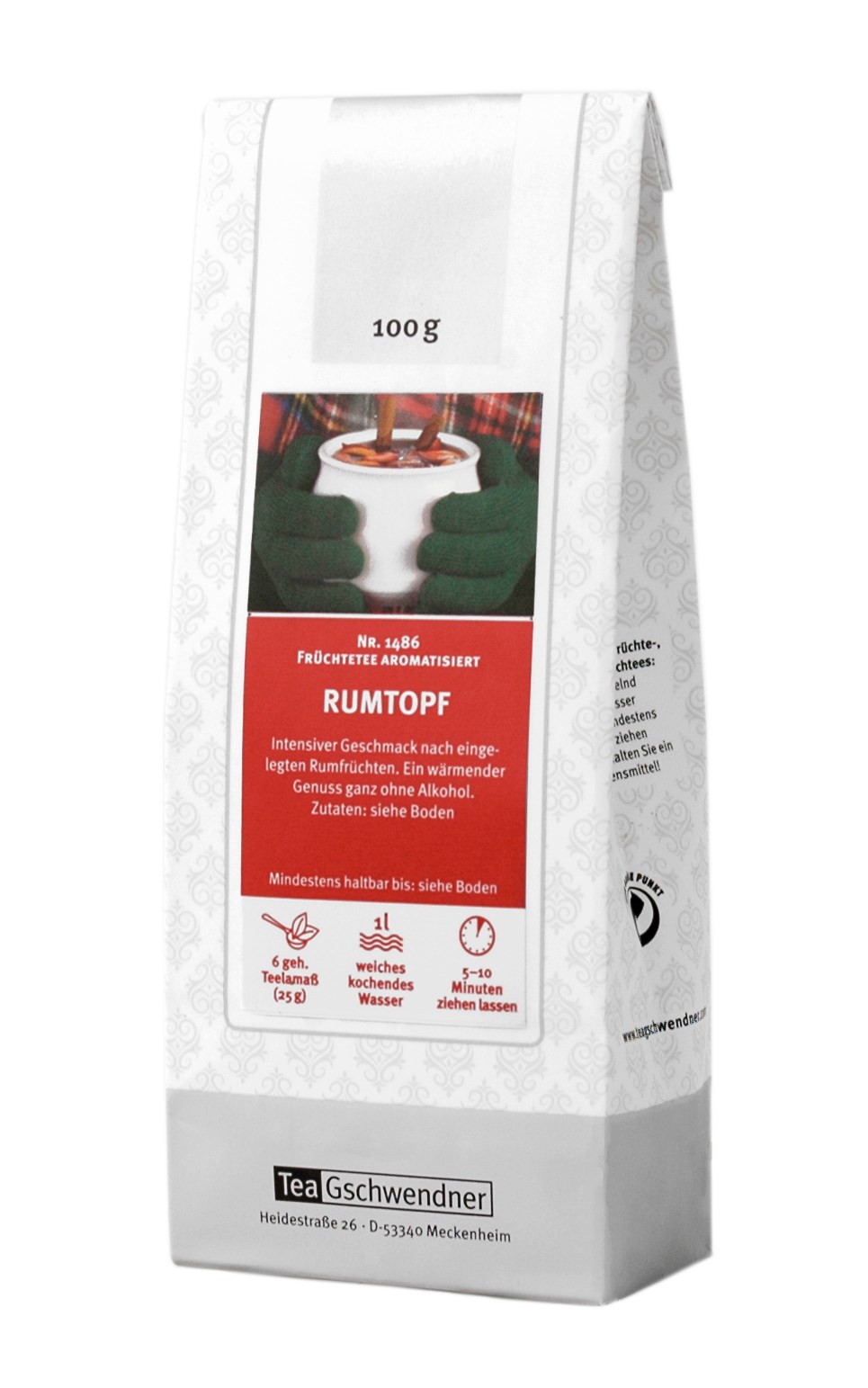 Verpackung Tea Gschwendner aromatisierter Früchtetee Rumtopf, Rumtopf, Früchtetee, aromatisiert, 100 g, Teepackung