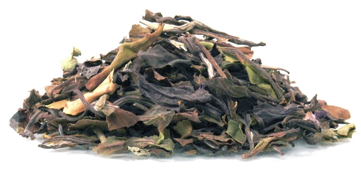 Haufen loser weißer Teeblätter auf Weiß, Blätter, Teeblätter, getrocknet, Grünbraun, Kräutertee