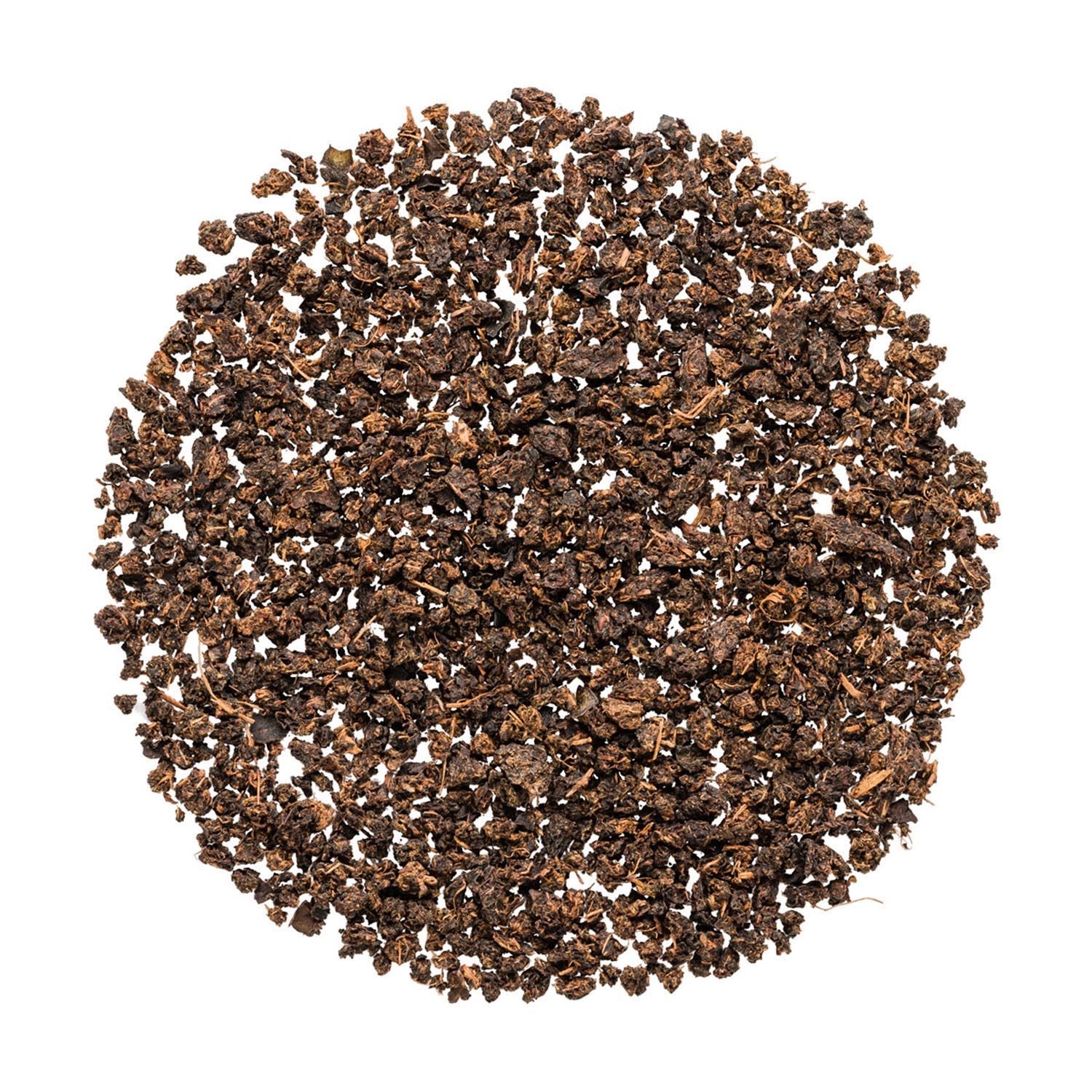 Runde Portion loser schwarzer CTC-Tee, Kaffee, Kaffeegranulat, Röstung, Brühen, Kaffeepulver