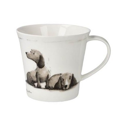 Weiße Porzellantasse mit Henkel und Illustration von zwei Hunden auf der Vorderseite, porzellanbecher, hund illustration, weißer becher, dekorativer Becher, tasse mit hunden