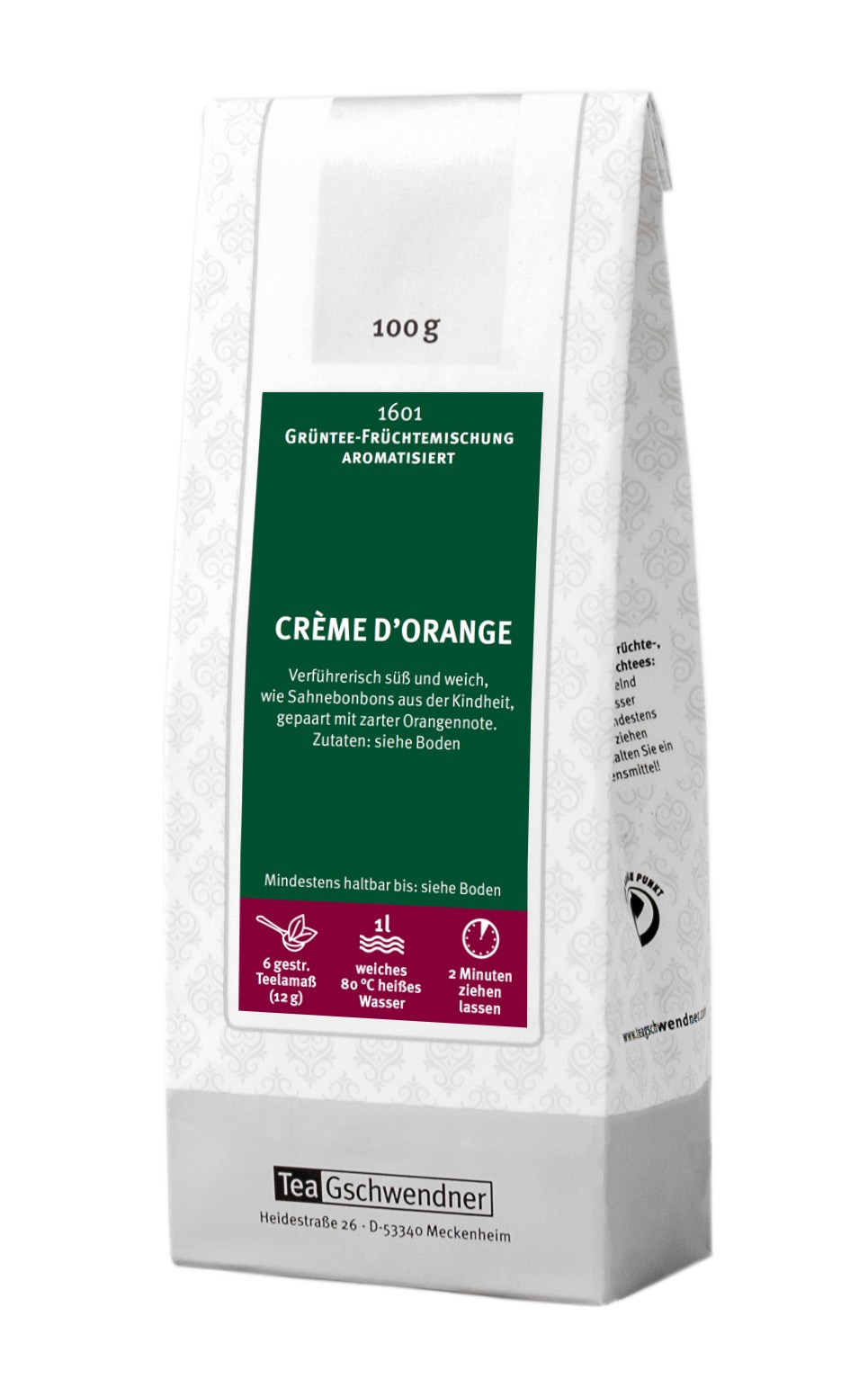 Packung TeaGschwendner Grüntee Crème d’Orange 100 g, Crème d'Orange, Mélange de fruits, Thé vert mélangé, Arômatisé, Emballage 100 g