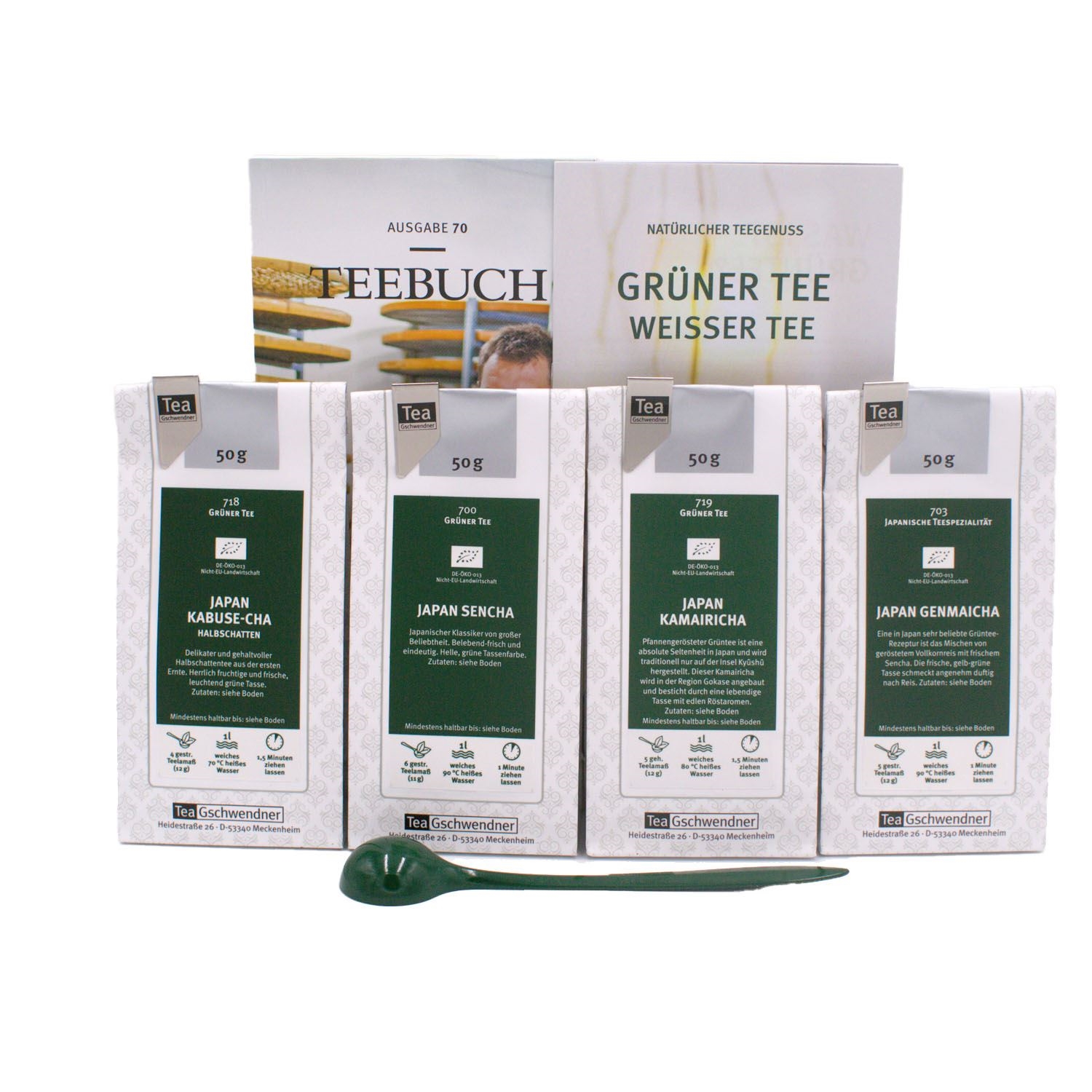 Japan Grüntee Set mit 4 Sorten, Teebuch und Löffel, tee, tee-set, grüner tee, japan tee, packung 50g