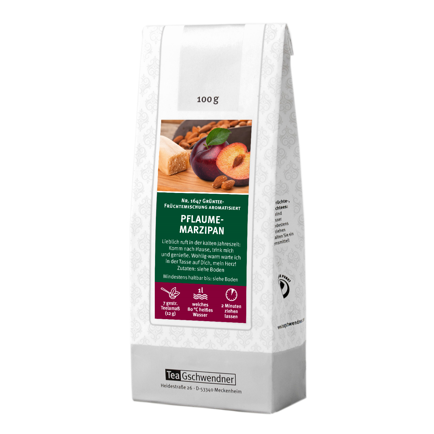 TeaGschwendner Pflaume-Marzipan aromatisierter Grüntee 100g, PFLAUME-MARZIPAN, Früchtetee, Aromatisiert, 100 g, Teepaket