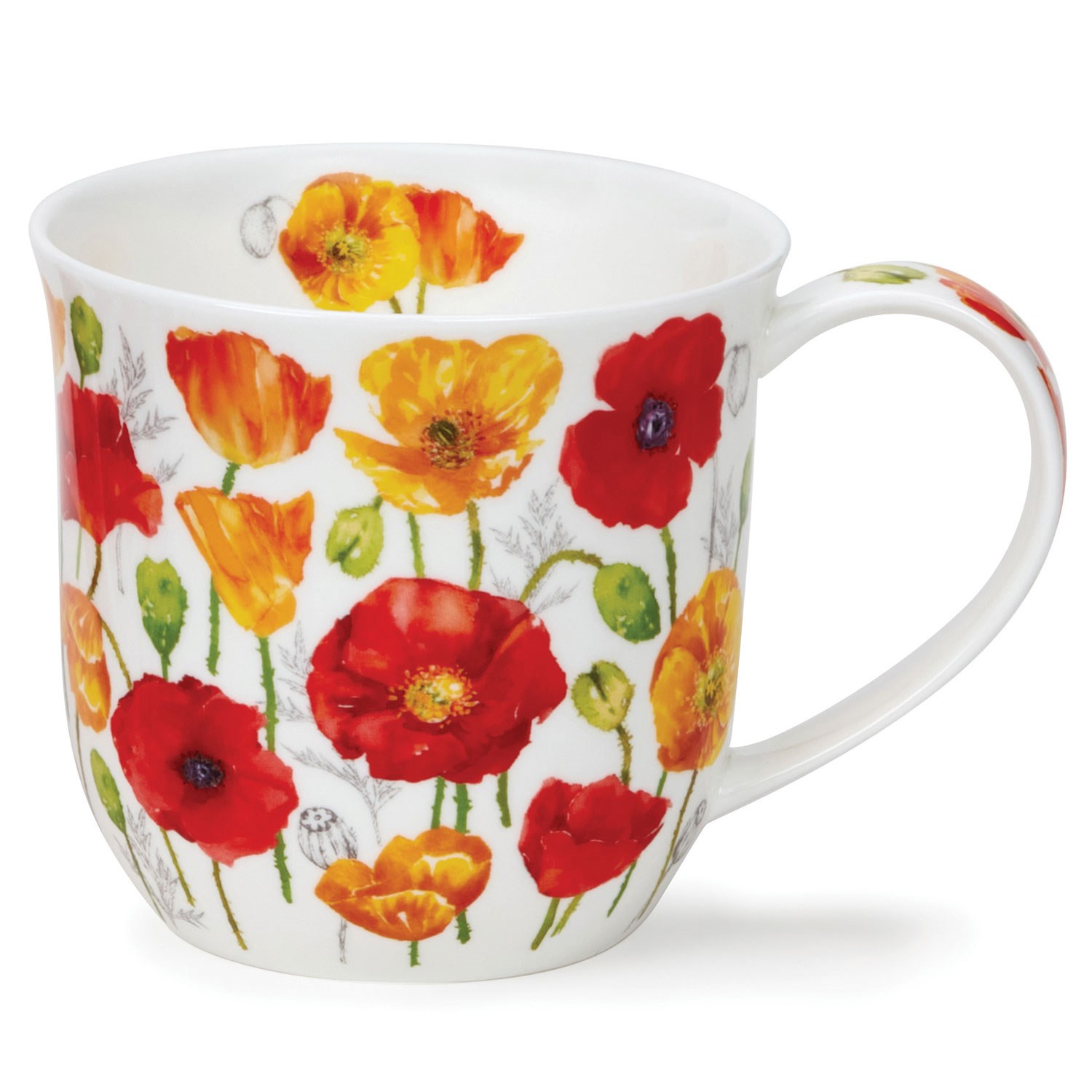 White porcelain mug with vibrant red, yellow and orange poppy pattern, ideal for coffee or tea