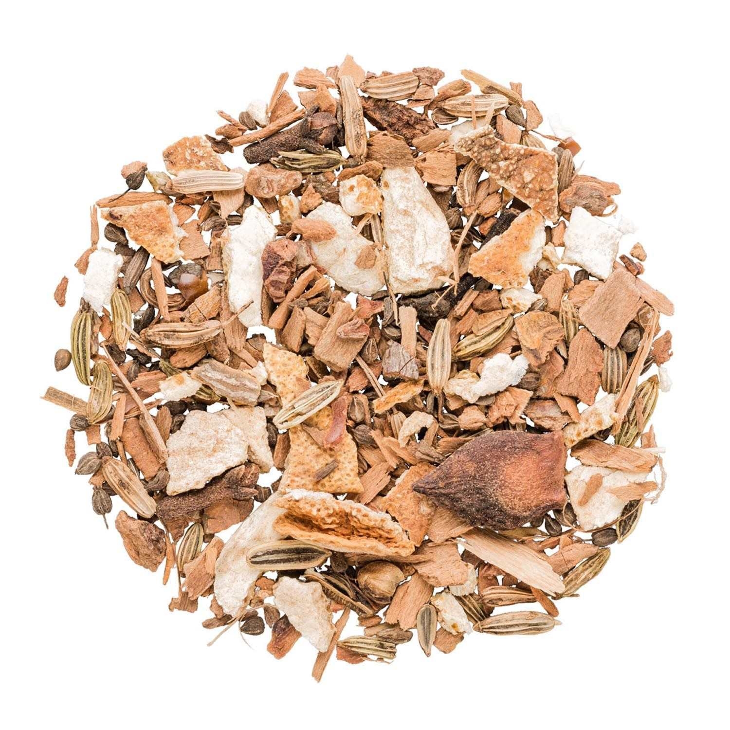 Lose Gewürzmischung aus Zimt, Fenchel und Zitrusstücken, Müsli, Körner, Hafer, Fruchtstücke, Trockenfrüchte