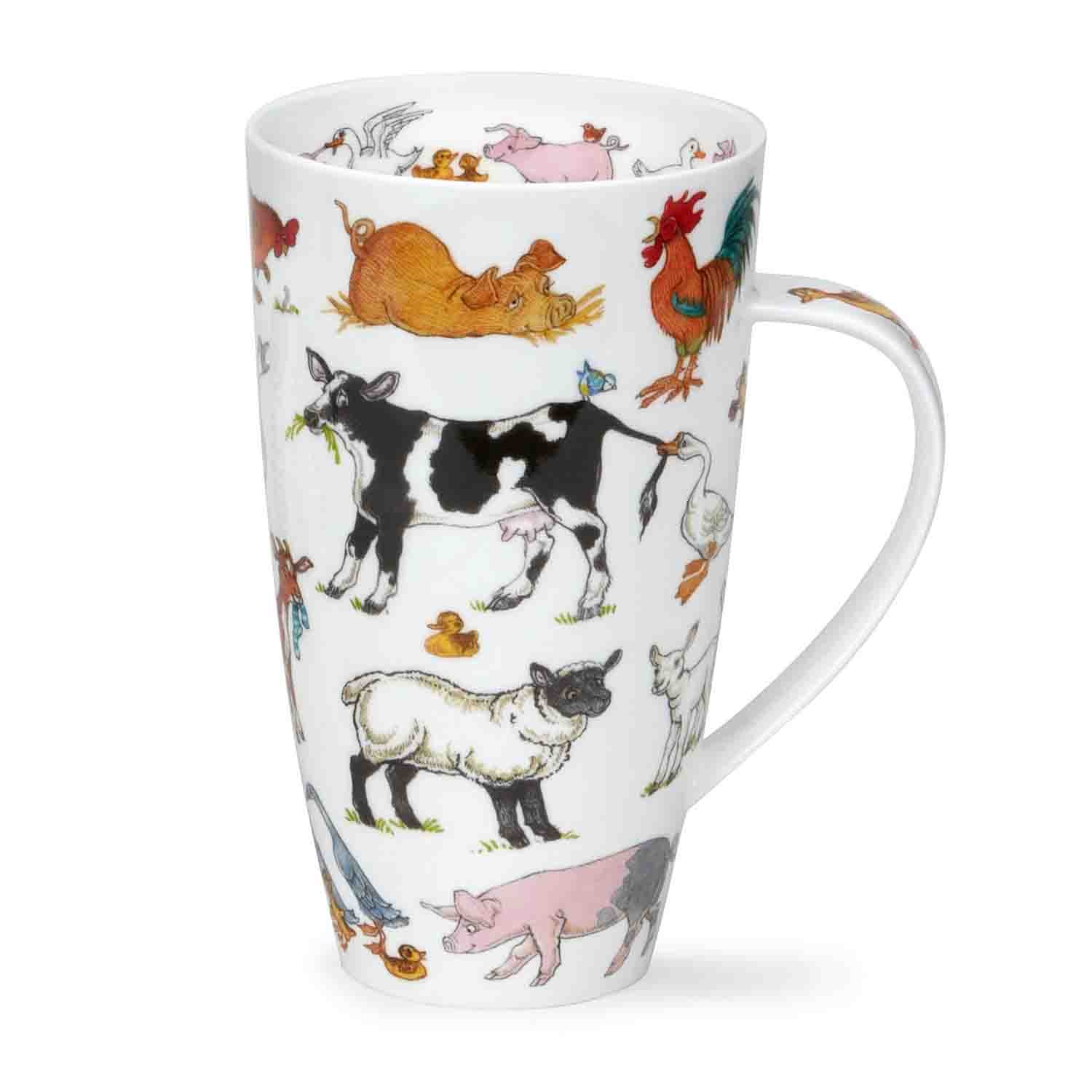 Hohe Porzellantasse mit bunten Bauernhof-Tieren, Kaffeebecher, Porzellan, Tiermuster, Henkeltasse, Mehrfarbig
