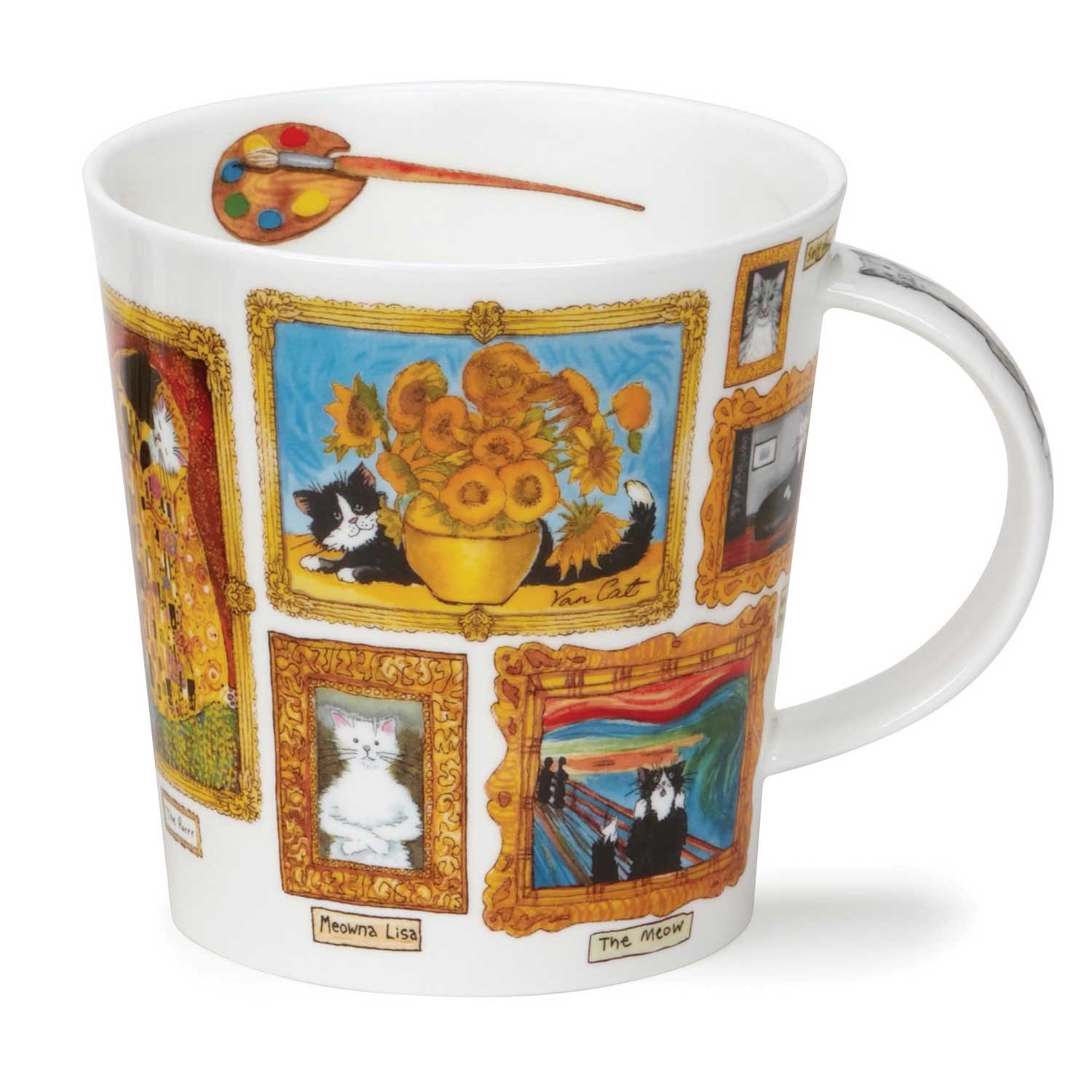 White porcelain mug featuring playful cat illustrations in famous art-style paintings with golden frames