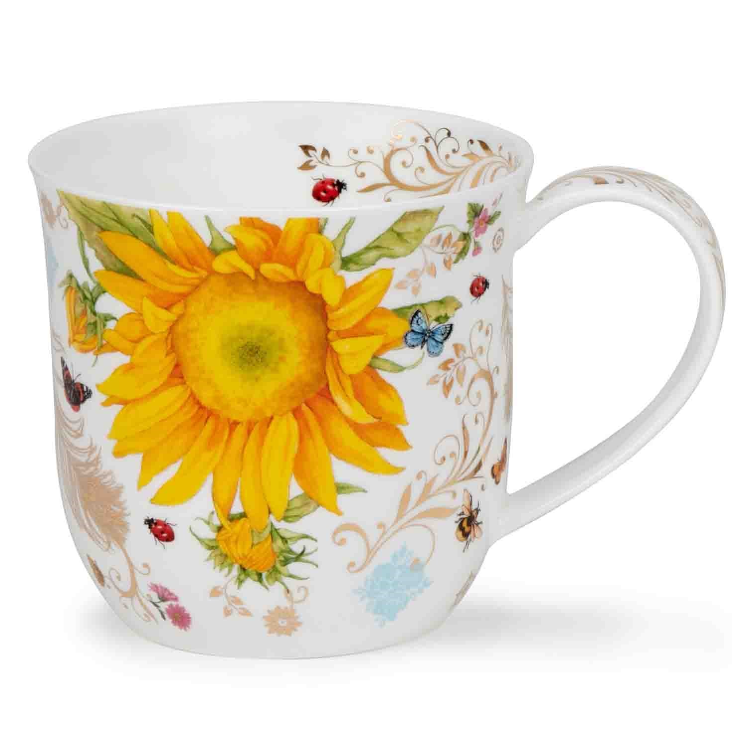 Weiße Porzellantasse mit Sonnenblume und Insekten, Tasse, Porzellan, Sonnenblume, Blumenmuster, Kaffeebecher