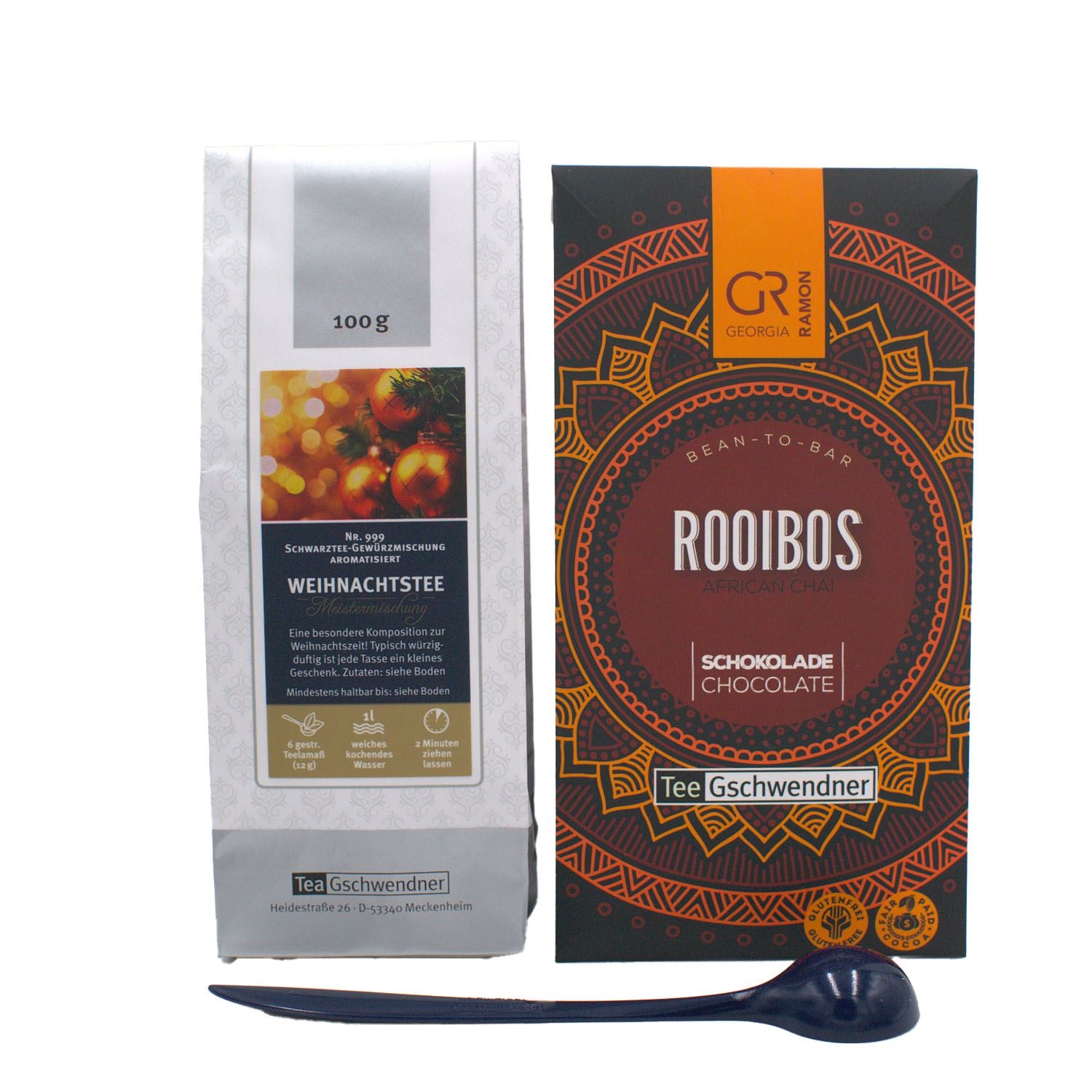 Tee Gschwendner Weihnachtstee mit Rooibos-Schokolade Set, Schwarztee, Weihnachtstee, 100 g, Tee-Geschenkset, Beuteltee
