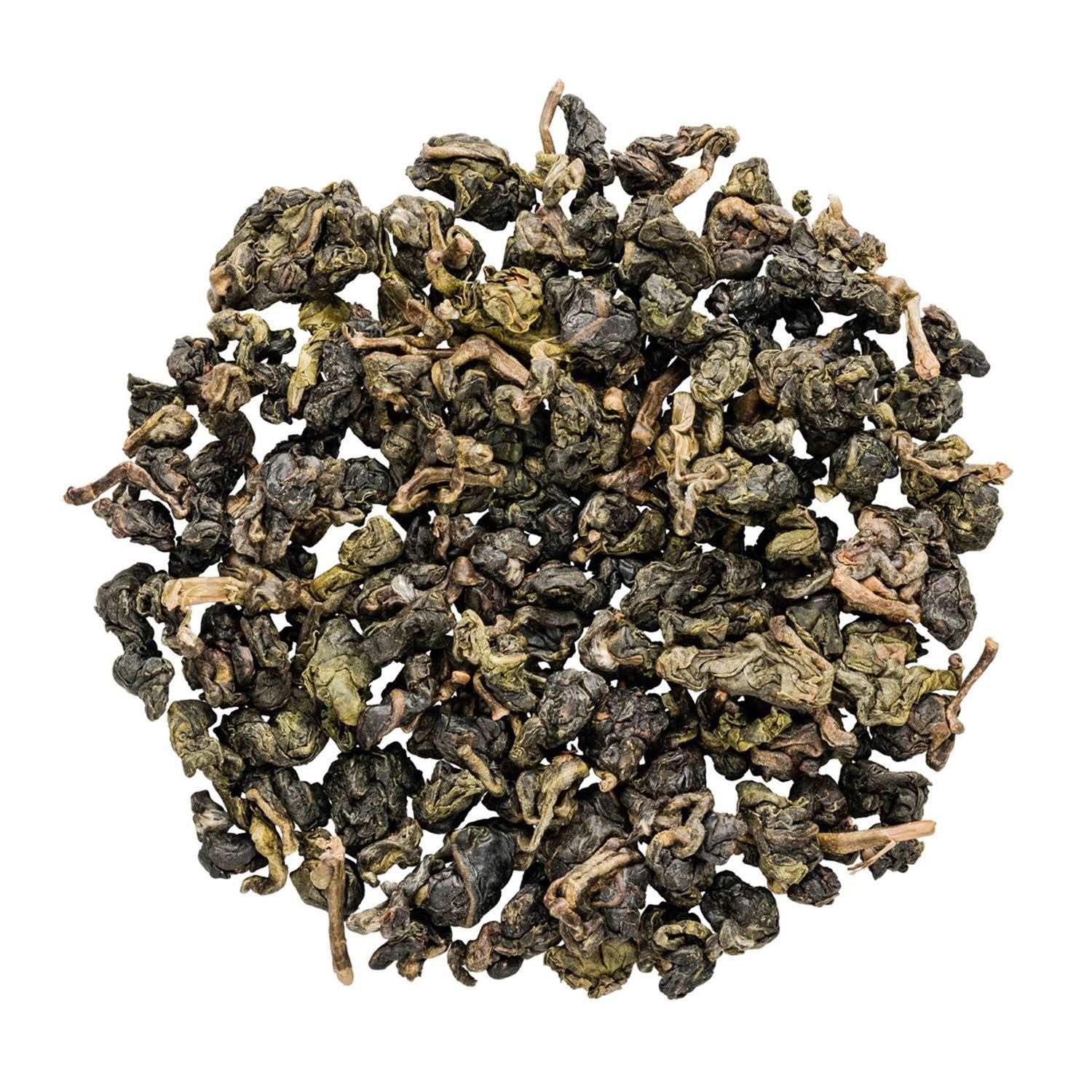 Gerollte Blätter von losem grünem Oolong-Tee, Oolong, Teeblätter, Rohtee, Teemischung, Grünes Blattwerk