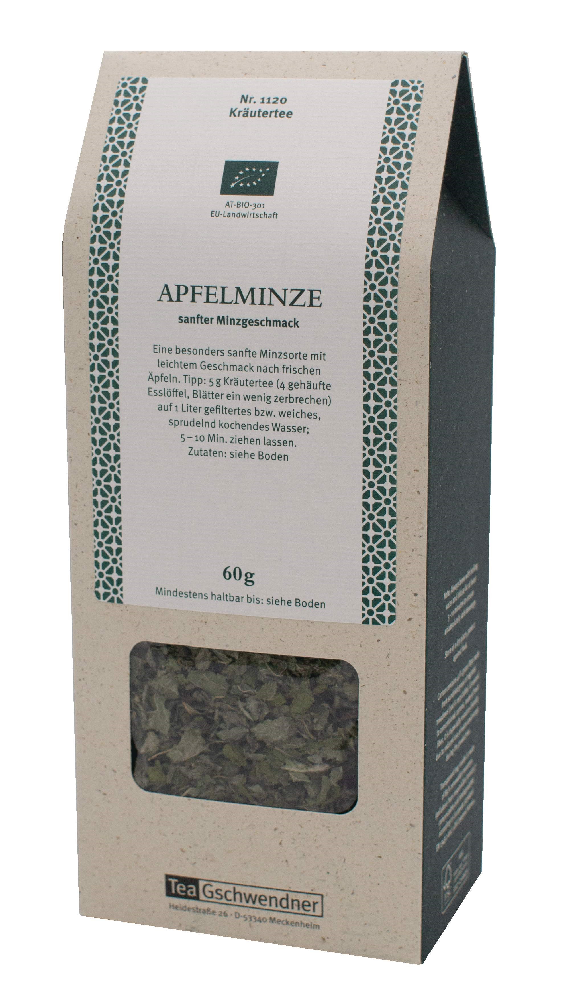 Packung Apfelminze Bio-Kräutertee 60g TeaGschwendner, Kräutertee, Apfelminze, 60 g, lose Blätter, Naturverpackung