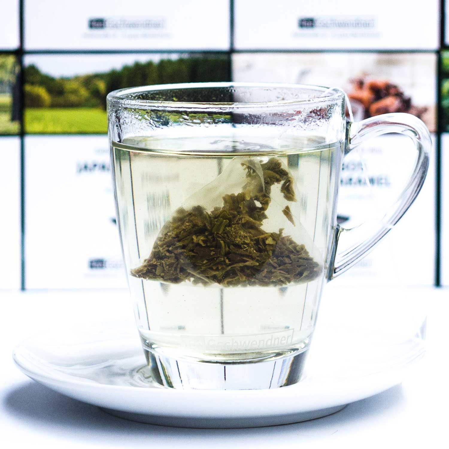 Transparente Tasse mit hellem Tee und Teebeutel, tee,  lose Blätter, Glasbecher, heißgetränk, aufguss tee