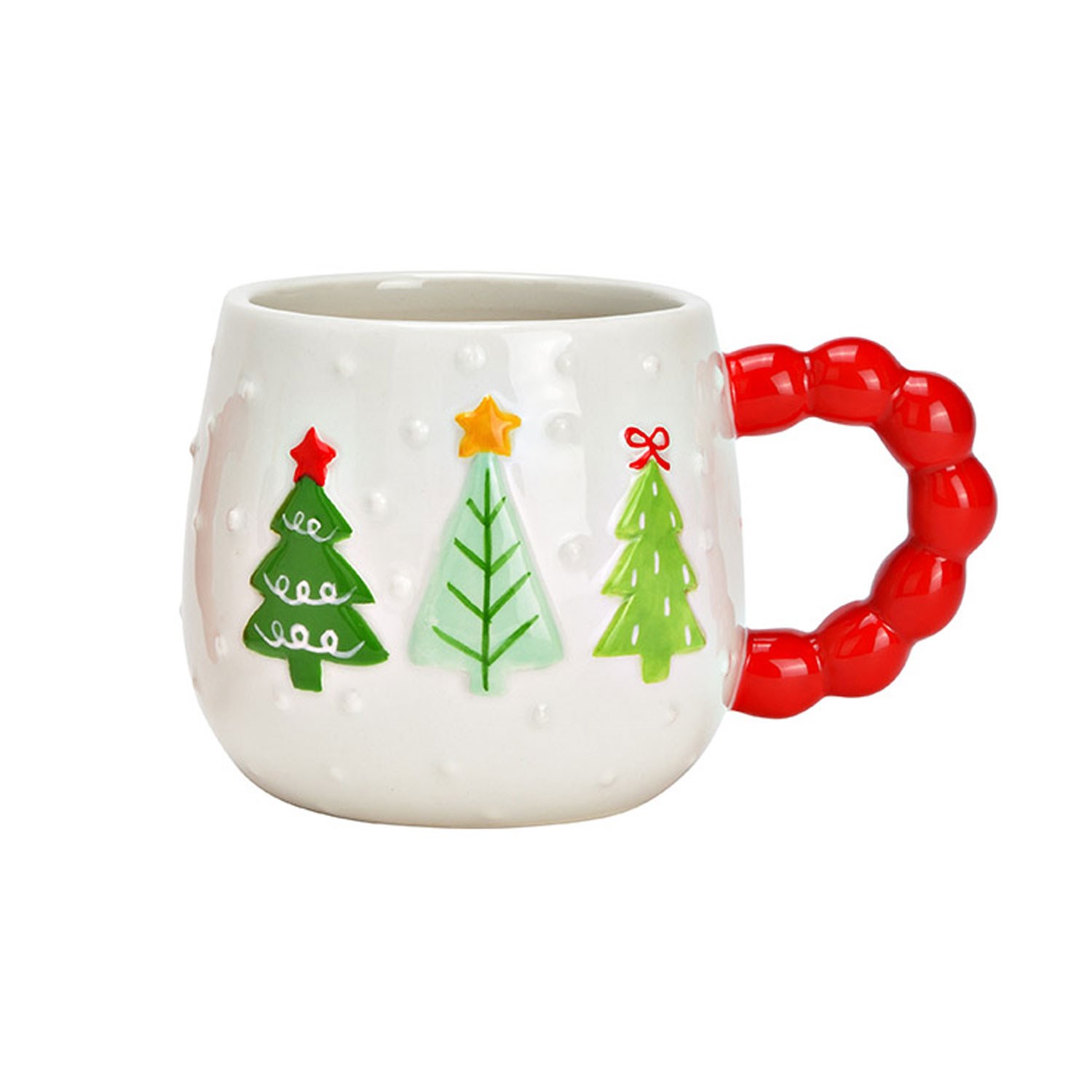 Keramiktasse, Weihnachtsmotiv, Tannenbäume, weiße Keramik, roter Griff