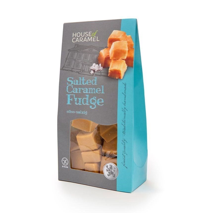 Verpackung House of Caramel Salted Caramel Fudge süß-salzig, Salzkaramell, Fudge, Karamellwürfel, Braunzucker, House of Caramel