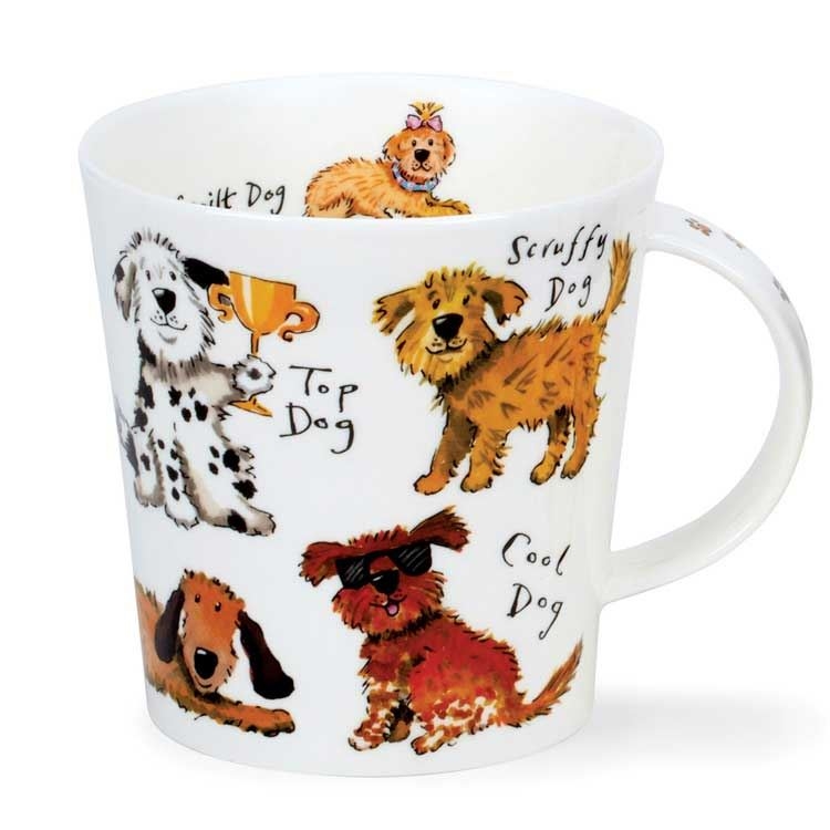 Weißer Becher mit lustigen gezeichneten Hunden, Hunde, Becher, Porträt, Tiermuster, Kaffeebecher
