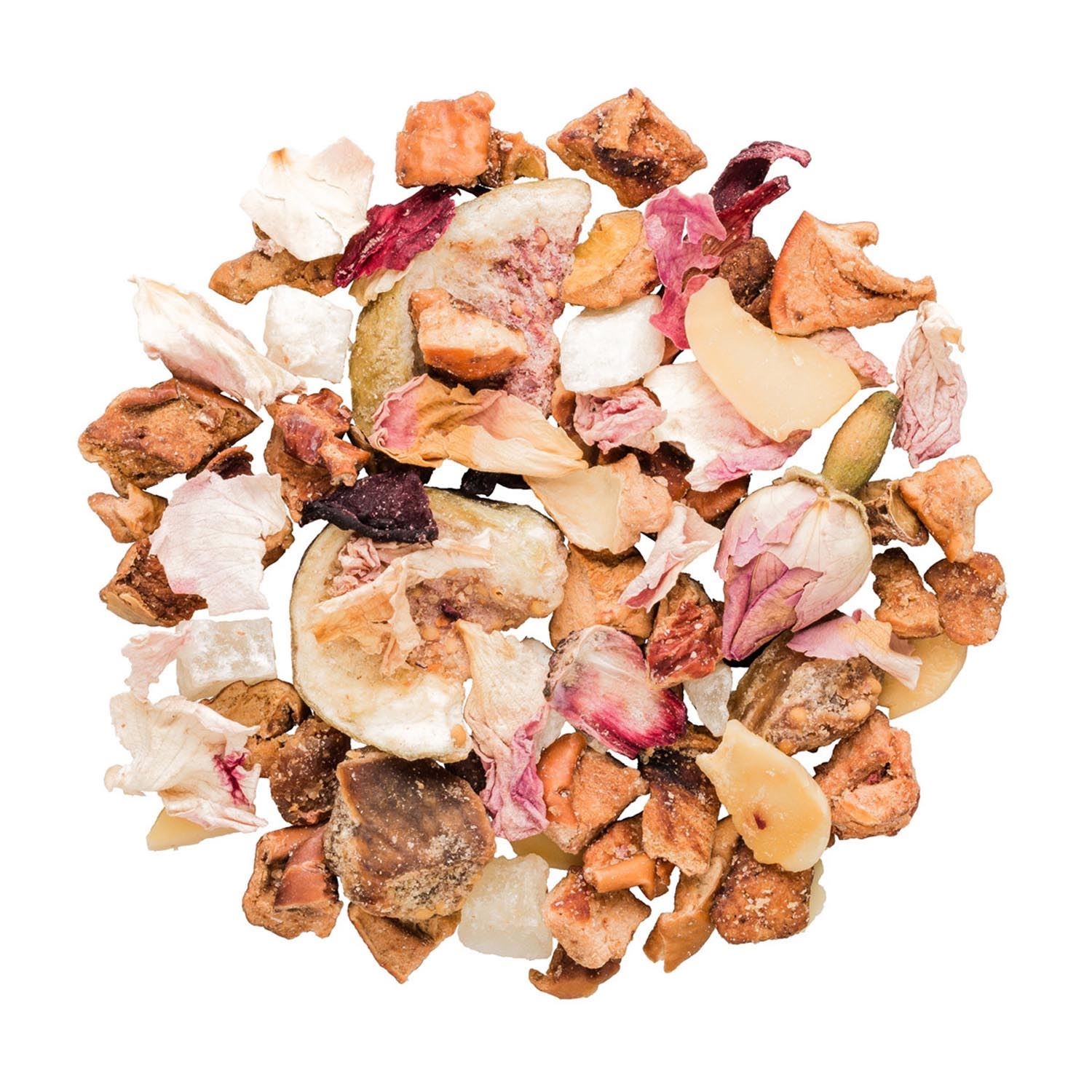 Bunte Früchtetee-Mischung mit getrockneten Rosenblüten, Tee-Traubenschnitt, Kräutertee, Trockenfrüchte, Blütenstücke, Fruchtmischung
