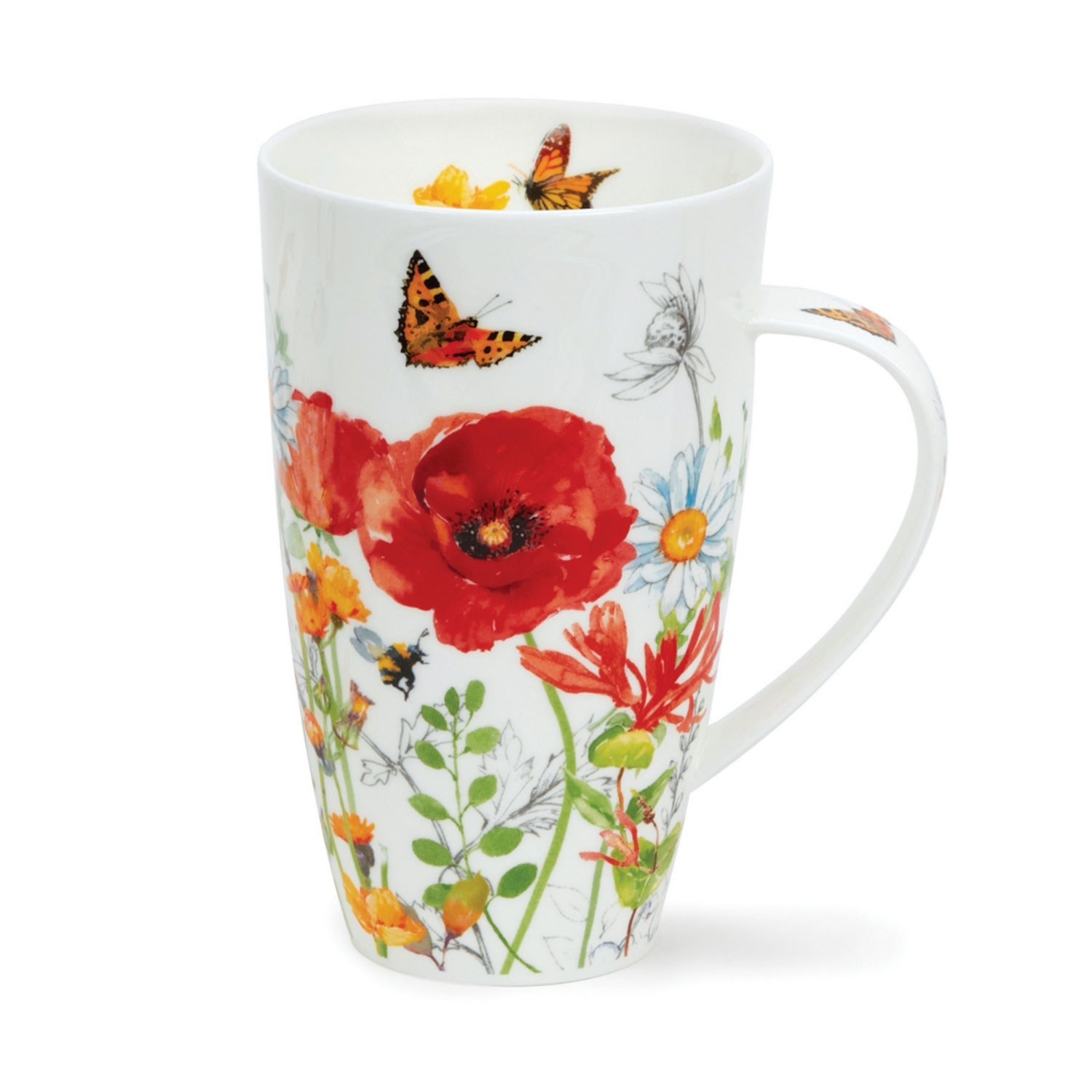 Tall white porcelain mug with colourful poppy, wildflower and butterfly pattern