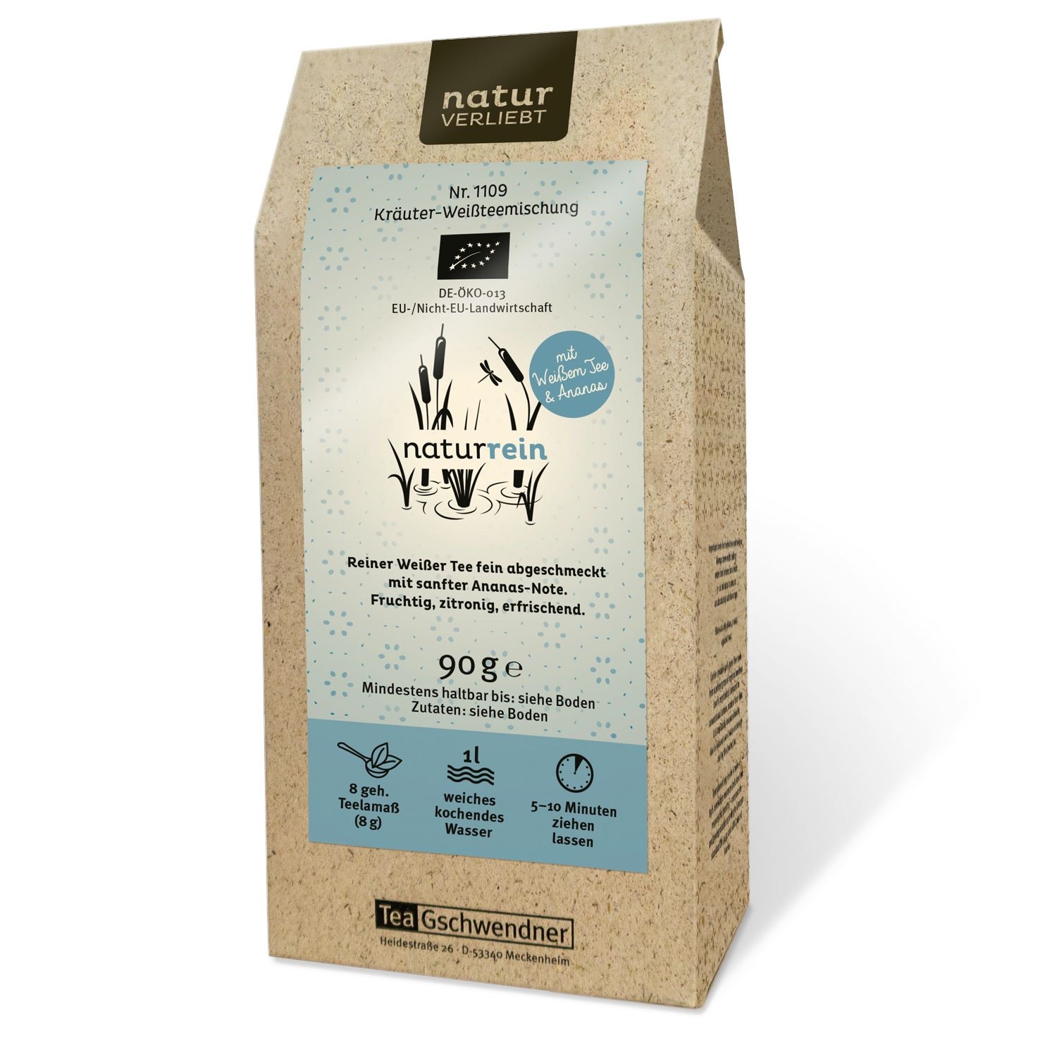Packung Naturrein Kräuter-Weißtee mit Ananas von TeeGschwend, Kräutertee, Weißtee, Paketverpackung, Ananasnote, Bio-Öko