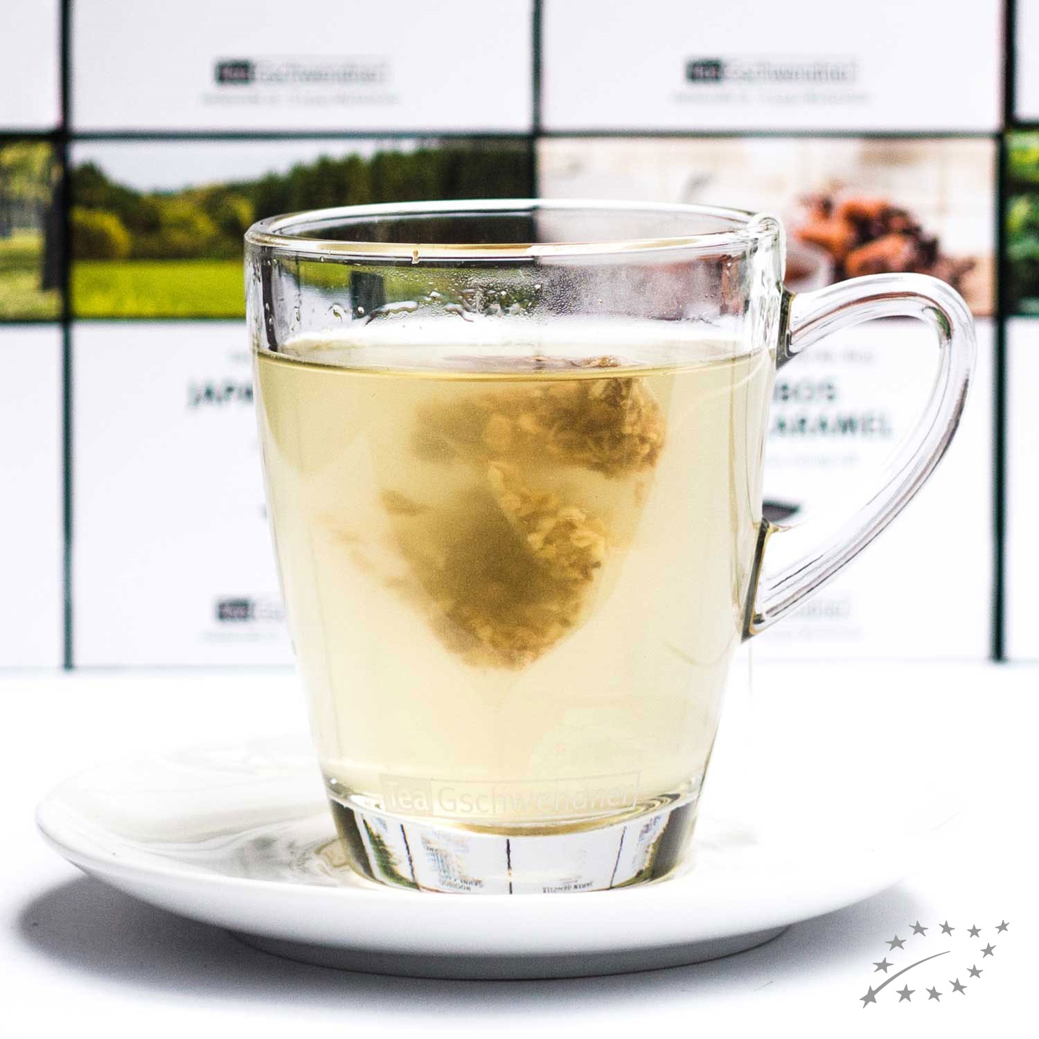 Heißer Kräutertee im Glas auf Unterteller, tee, Glasbecher, Kräutertee, heiße Getränke, Teebeutel