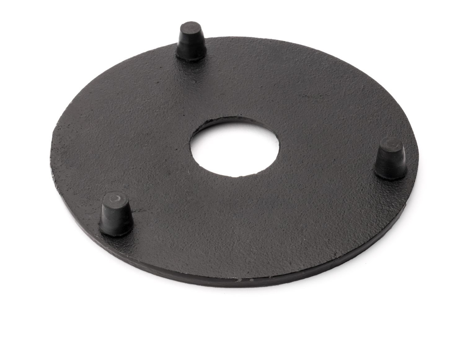 Black painted round metal plate with central hole and three