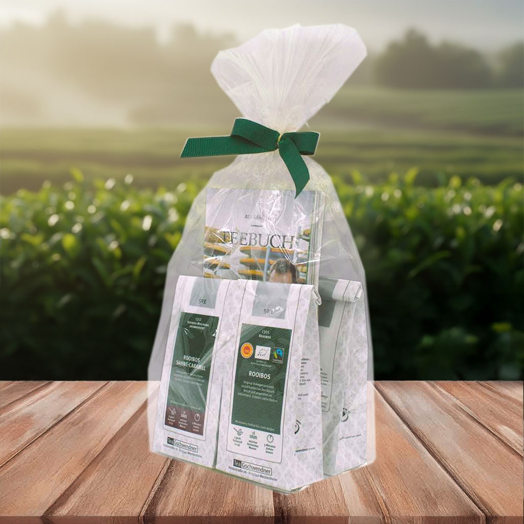 Rooibos-Tee Geschenkset im Folienbeutel mit Schleife, Kleidungsstück verpackt, Tee-Set, Packung, Geschenkverpackung, Kräutertee?