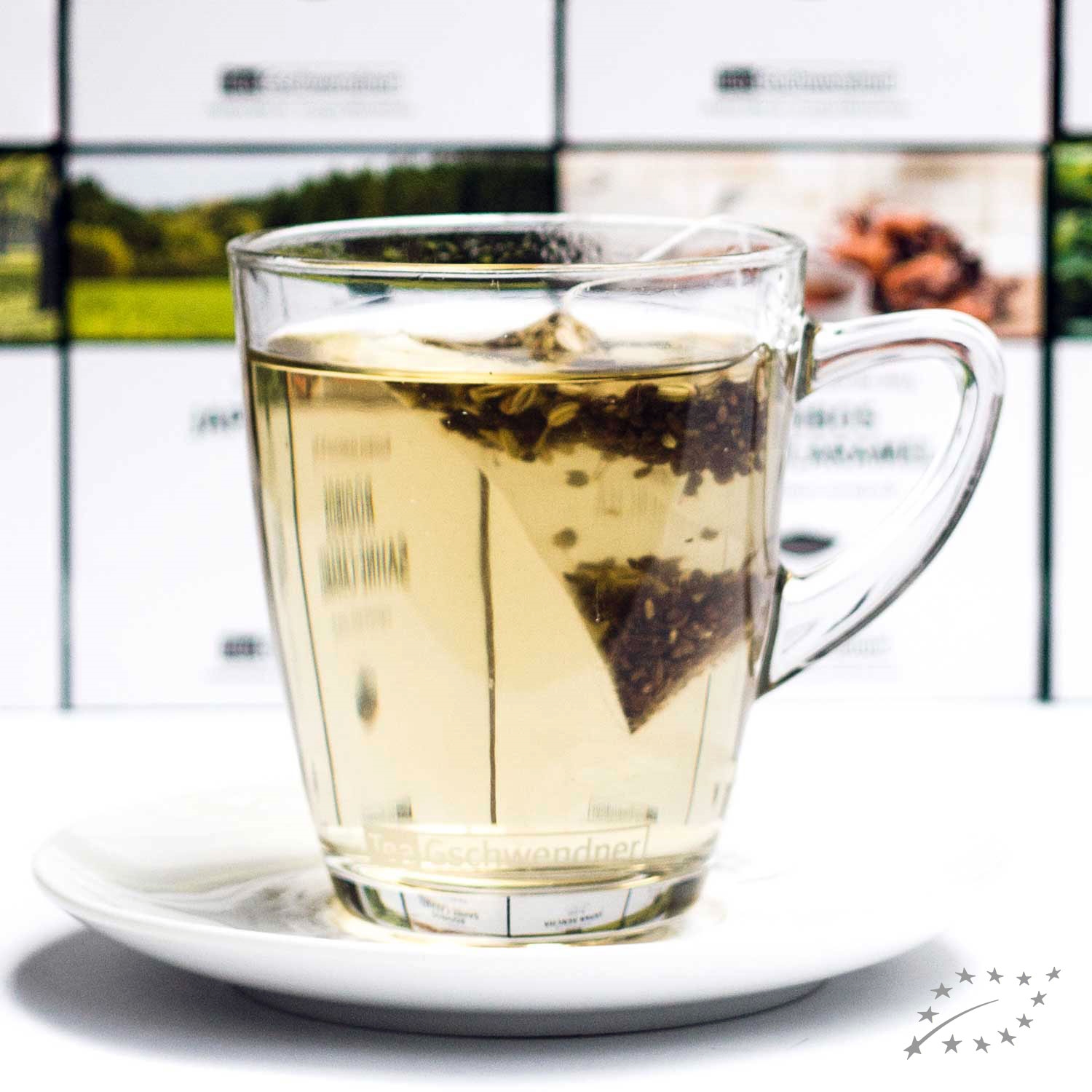 Transparente Teetasse mit hellem Tee und Teebeutel, Teeglas, Teebeutel-Teeglas, Glas mit Tee, Klarer Tee, Teezubehör