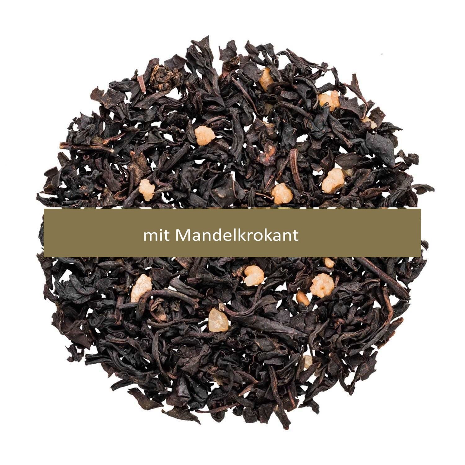 Schwarzer Tee mit knusprigem Mandelkrokant, Schwarztee, Mandelstücke, geschmack, Tee mit Mandelknusper, Blätter-Tee