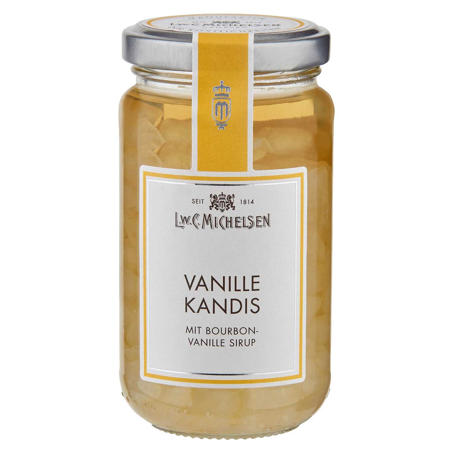 Glas L.W.C. Michelsen Vanille Kandis mit Sirup, Vanille, Kandis, Sirup, Glas, Bourbon-Vanille