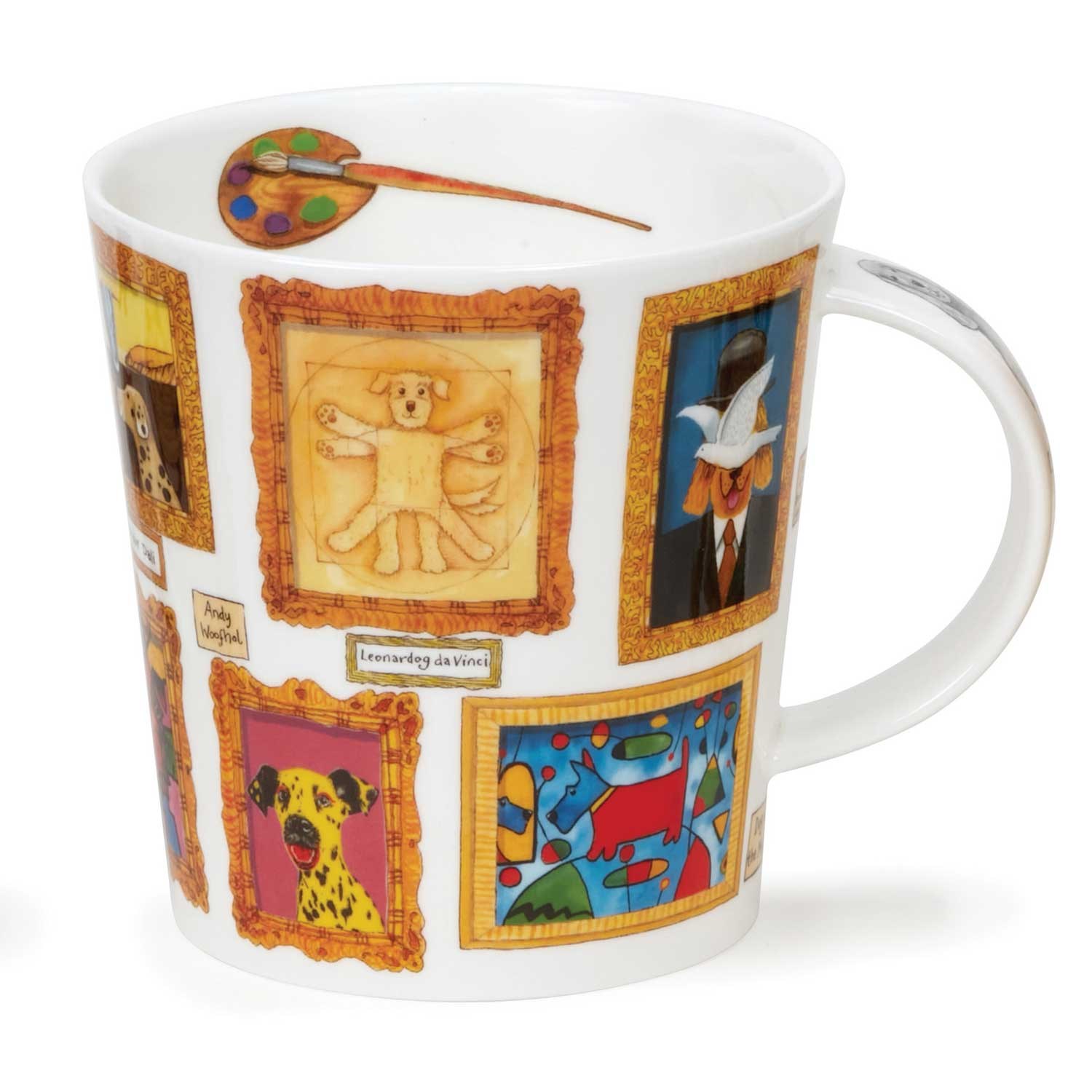 White porcelain mug featuring colourful illustrations of famous paintings reimagined with dogs in golden frames