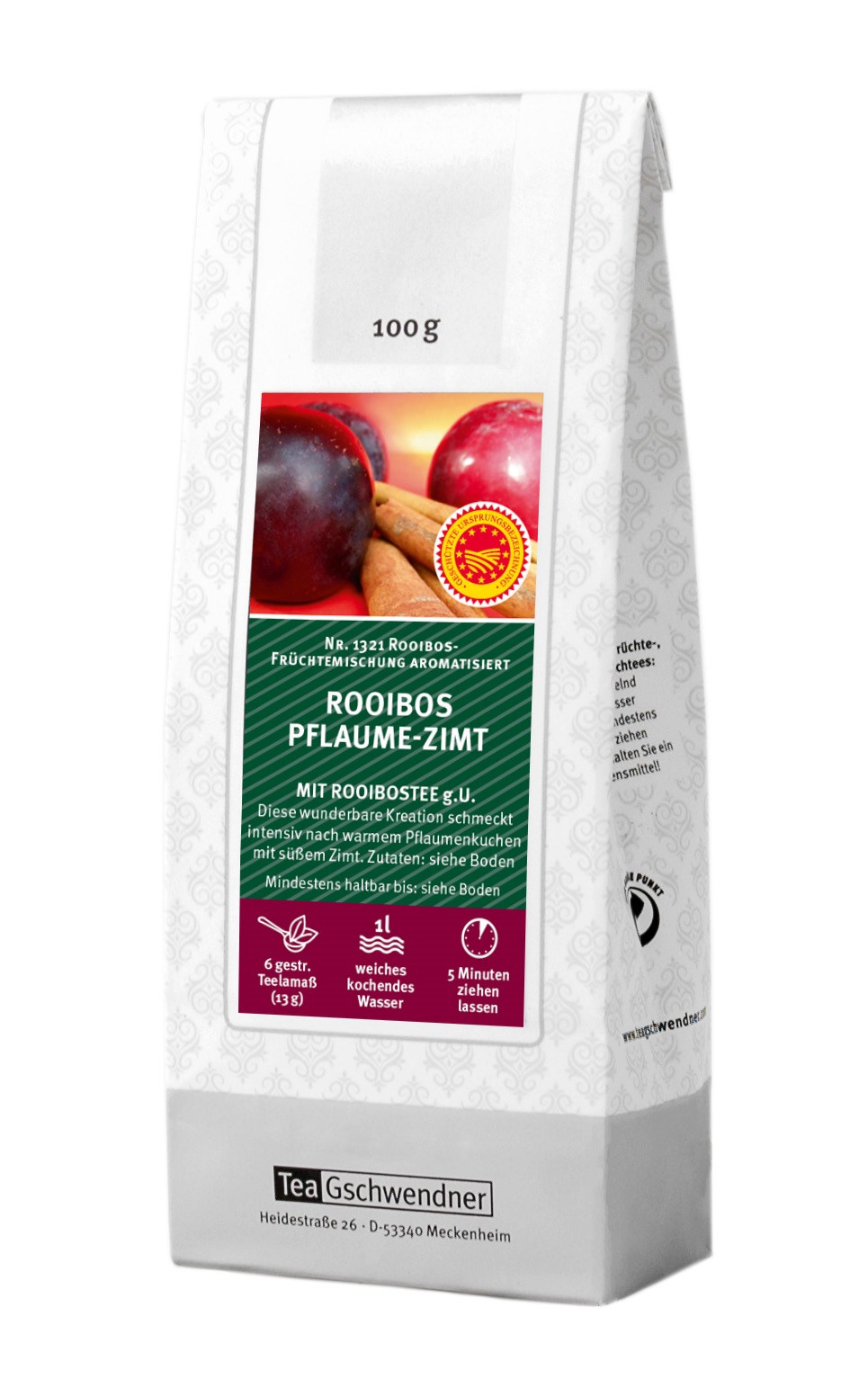 Teepackung Rooibos Pflaume-Zimt 100g, Rooibos, Pflaume-Zimt, Tee, Fruchtmischung, 100 g