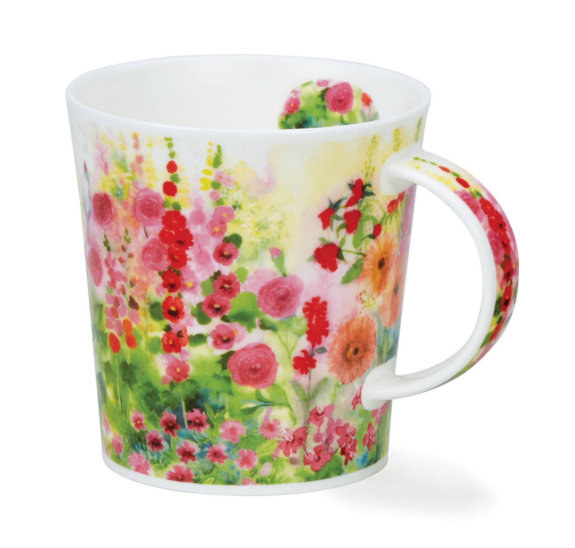 Bunte Porzellantasse mit Blumenwiese-Dekor, Porzellanbecher, Blumenmuster, bunte Blüten, Keramikbecher, Hebegriff Becher